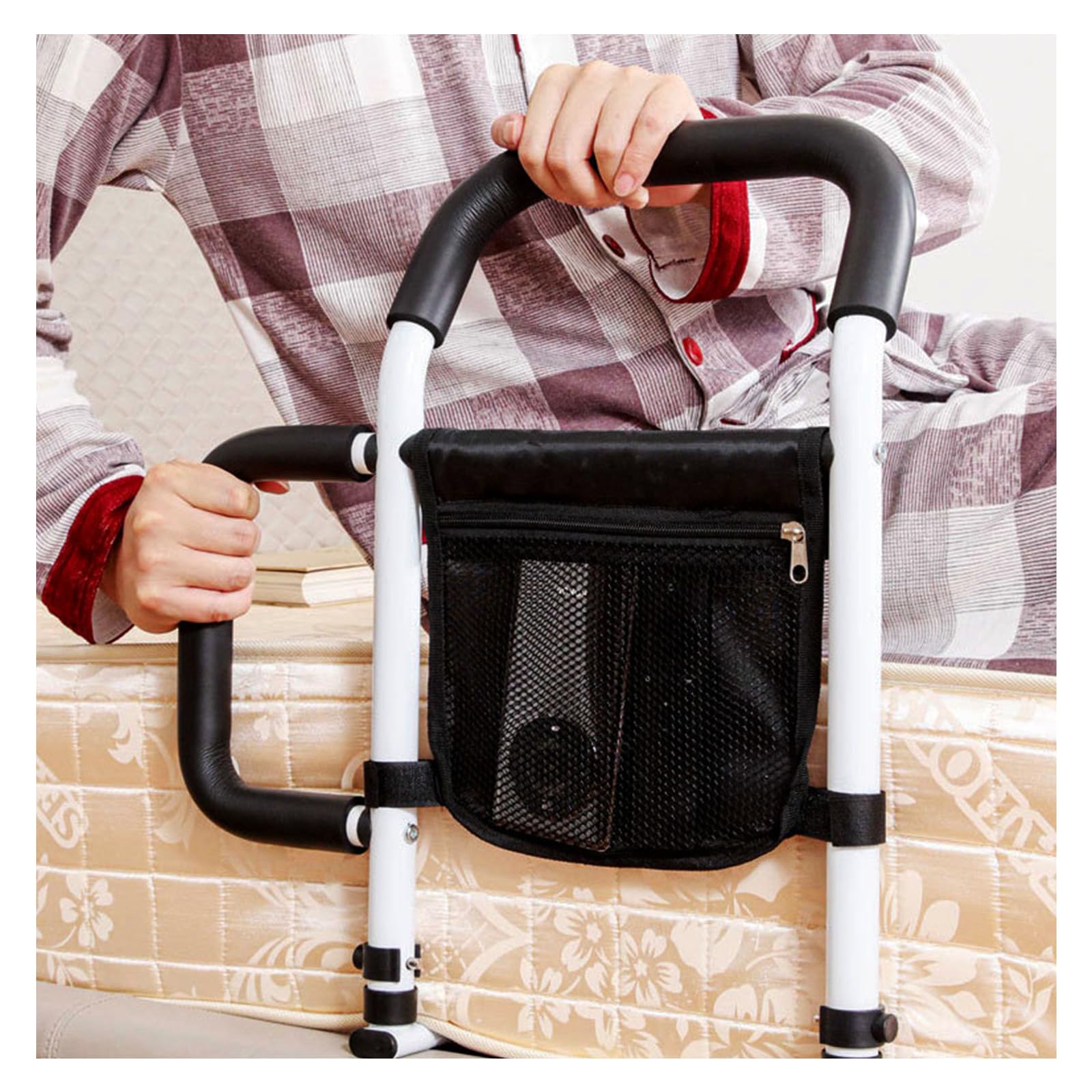 Bed Rails for Elderly Adults - Bed Assist Rail with Dual Grab Handles for Easily Getting in & Out of Bed, Bed Rail with Storage Pocket, fits King, Queen, Full, Twin, Support Up to 300lbs