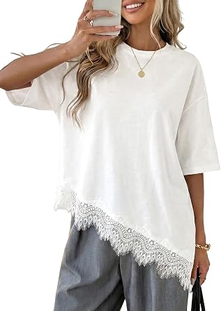 LOLONG Women Casual Crew Neck Half Sleeve Shirts Asymmetrical Lace Hem Tops