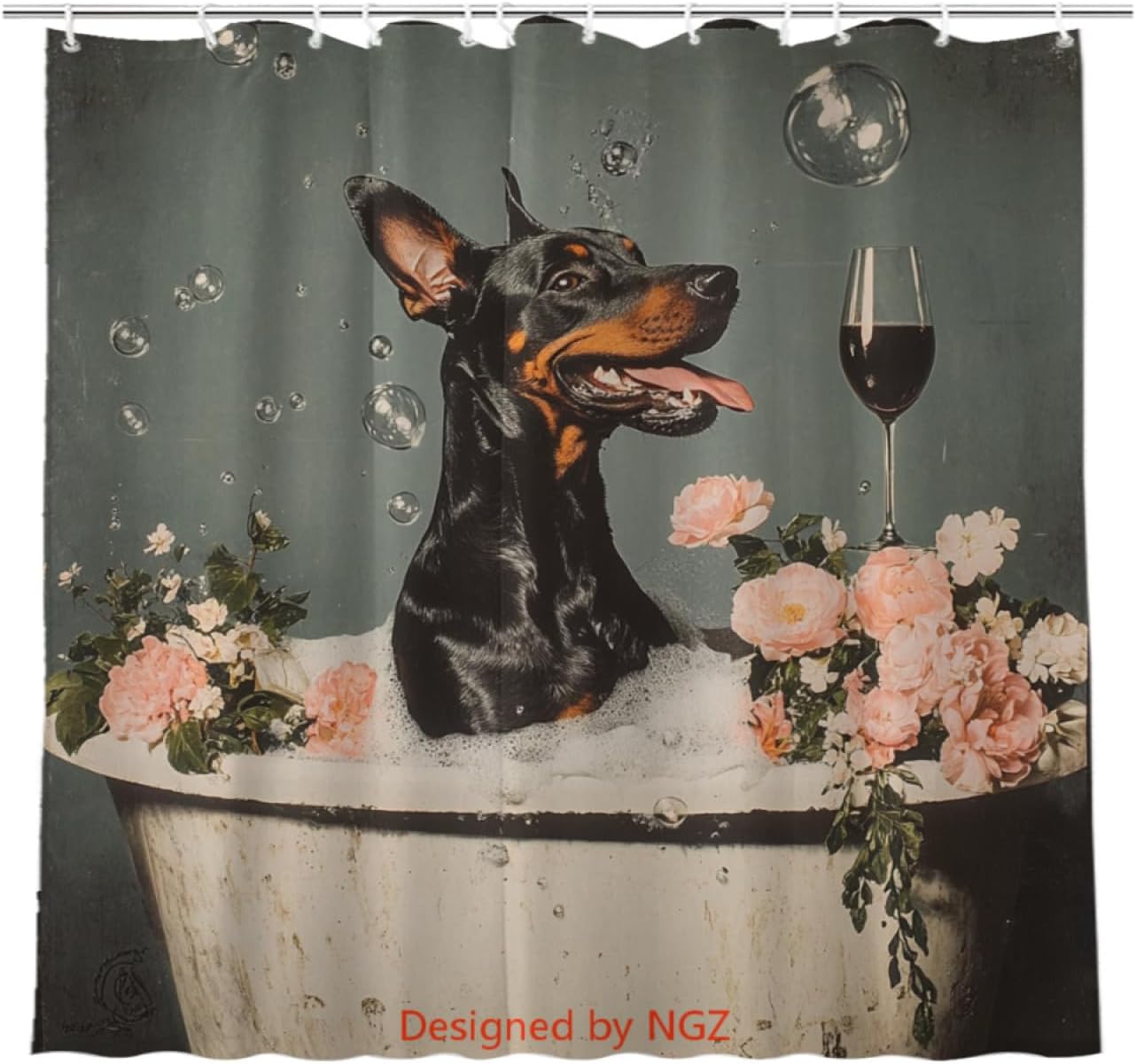 NGZ Funny Doberman Shower Curtain, SPA Doberman with Wine, Grey Shower Curtain, 72x72 Inches Floral Shower Curtains for Bathroom, Bath Curtains Set with 12 Hooks