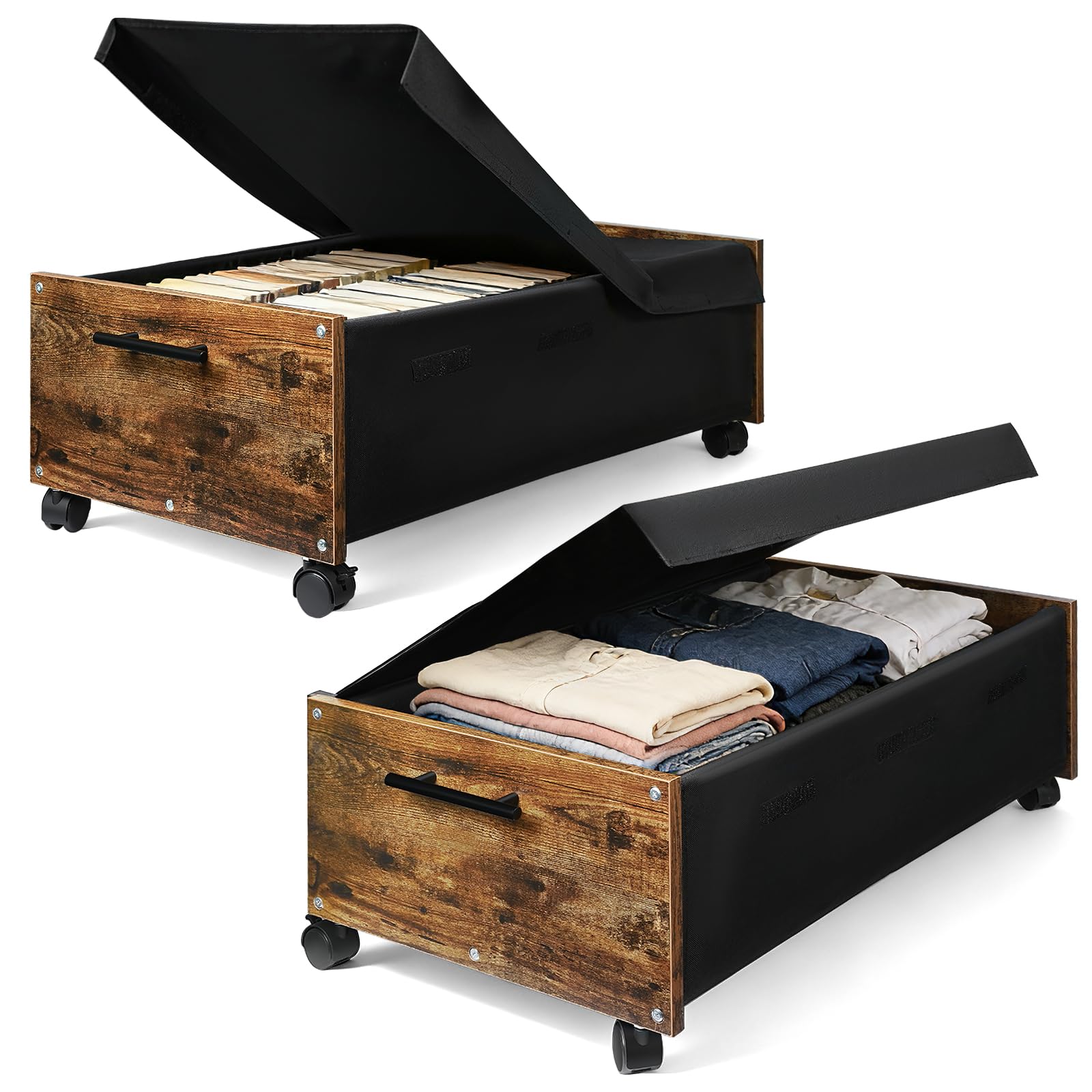2er Set 70L Unterbett Aufbewahrungsbox mit Deckel, Unterbettkommode mit Rollen, Holz & Metallrahmen, Bettkasten Aufbewahrung für Kleidung, Schuhe, Spielzeug und Decken 75x42x27,5cm