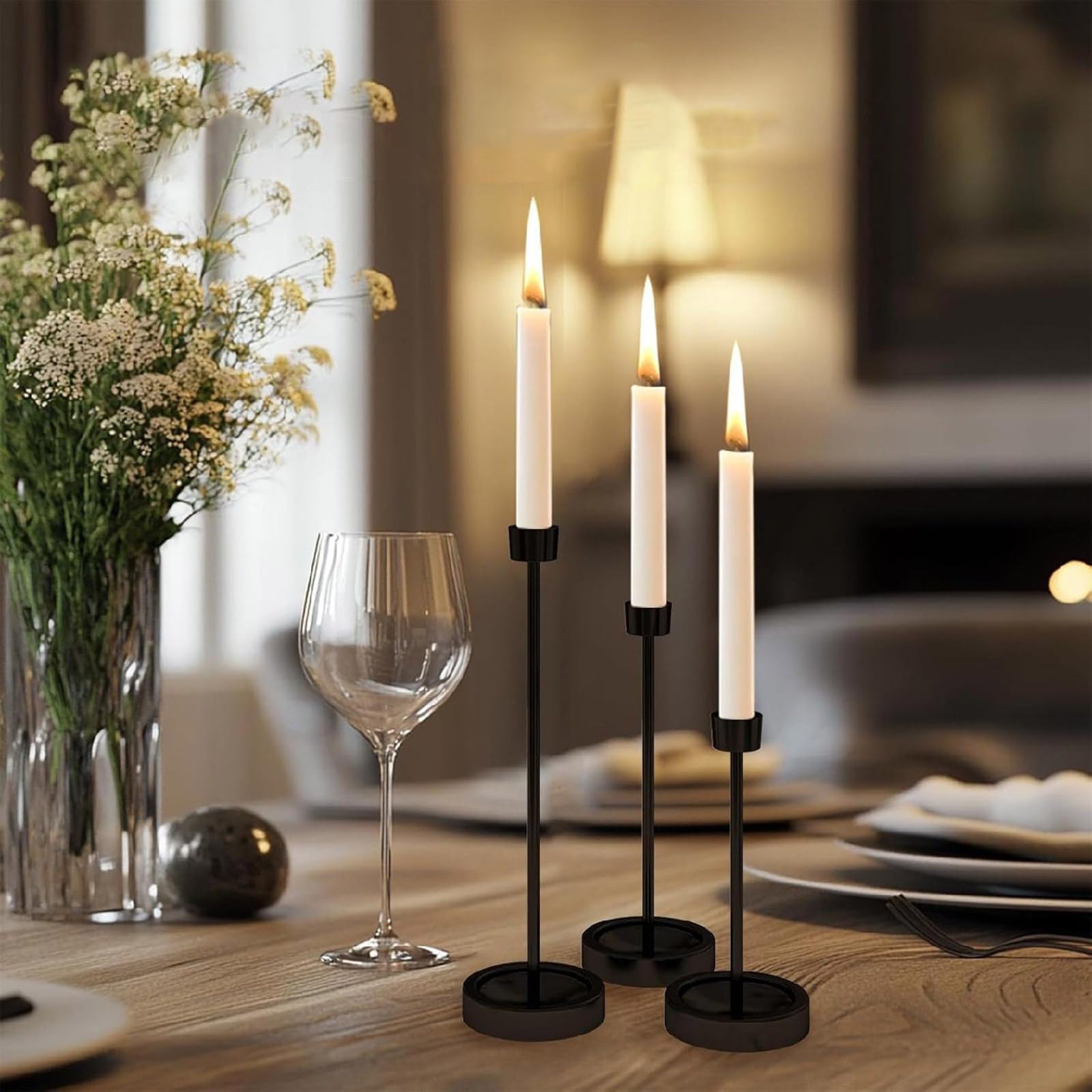HUOGEE Lot De 6 Bougeoirs Métal Noir Mat – 3 Tailles Vintage Pour Table, Mariage, Dîner Romantique
