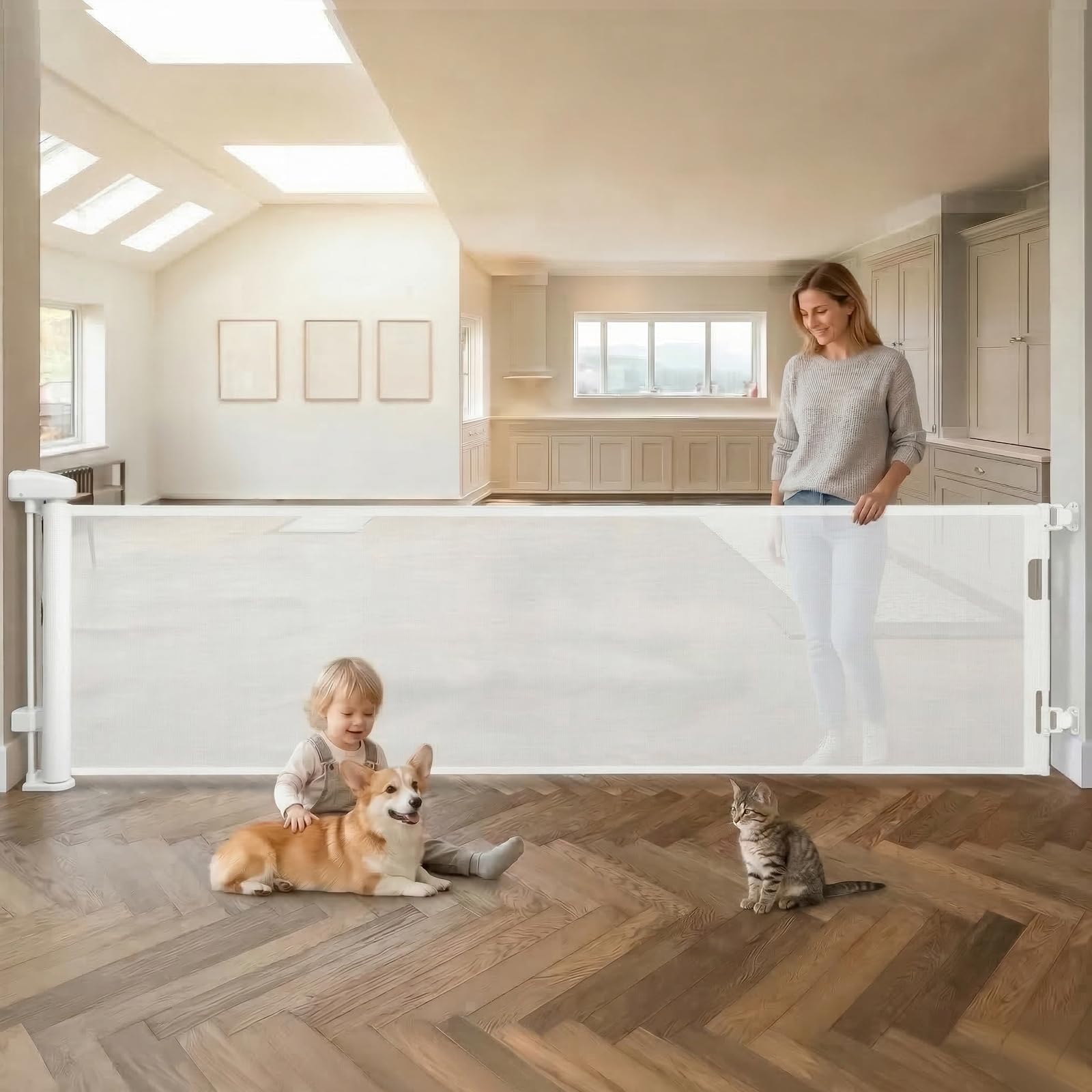 JINITAIMEI Puerta para Perro,Reja Ajustable Segura,Barrera Portátil Mascotas,Puerta de Seguridad Bebe de extensión,380cm*86cm,Taladrado Instalación,para Cocina,Escaleras,Interior y Exterior (Blanco)