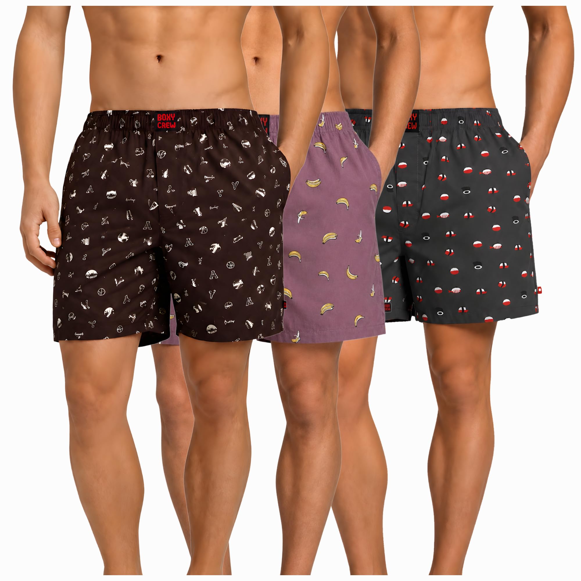 Men's 100% Cotton Boxer Shorts Pack of 3, Brown, Rose Pink & Charcoal | Woven Boxers with Side Pockets, No-Marks Elastic Waistband, Breathable Relaxed Fit | Style 005-006-012-image-43