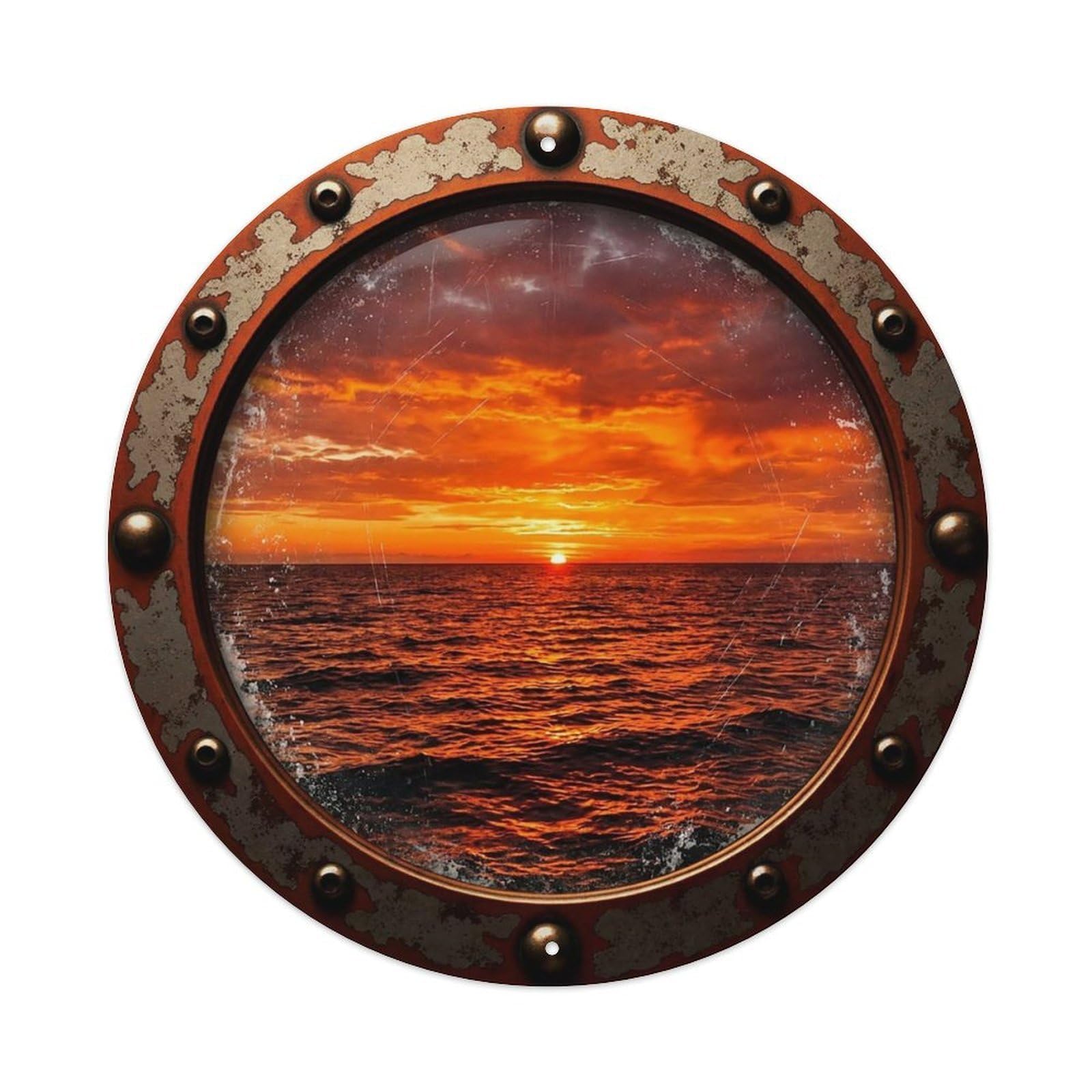 Vintage Porthole Fiery Sunset Blaze View Vintage Metal Tin Sign Plaque Wall Decor for Cafe, Club Bar, Office, Garden Metal Poster 8x8Inch