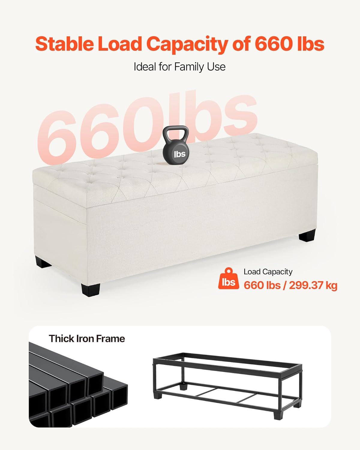 VEVOR Storage Ottoman Bench, End of Bed Bench with 2 Side Bags, Fabric Upholstered with Metal Frame, Toy Box Storage, Bed Benches for Foot of Bed, Bench for Entryway, Living Room, Playroom, Beige