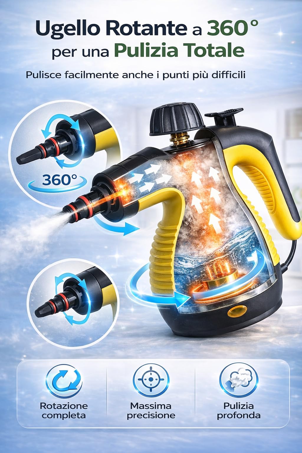 Pulitore a Vapore Portatile Alta Pressione, 1000W, Riscaldamento Rapido 3-5 Min, Kit 6 Accessori, Pulizia Profonda per Casa, Cucina, Bagno, Auto