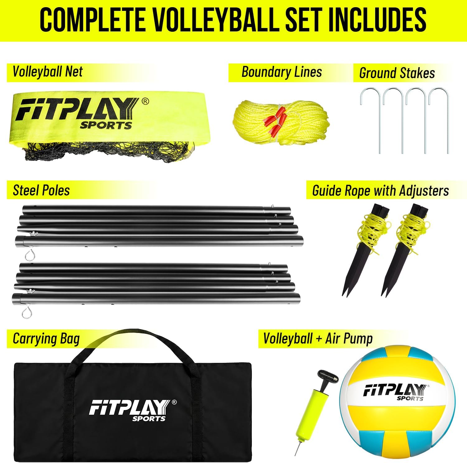 Portable Outdoor Volleyball Net Set,32FT Regulation Size Volleyballs Net System with Height Adjustable Poles,PU Volleyball,Pump,Boundary Line,Anti-Sagging and Carry Bag for Backyard,Beach,Lawn