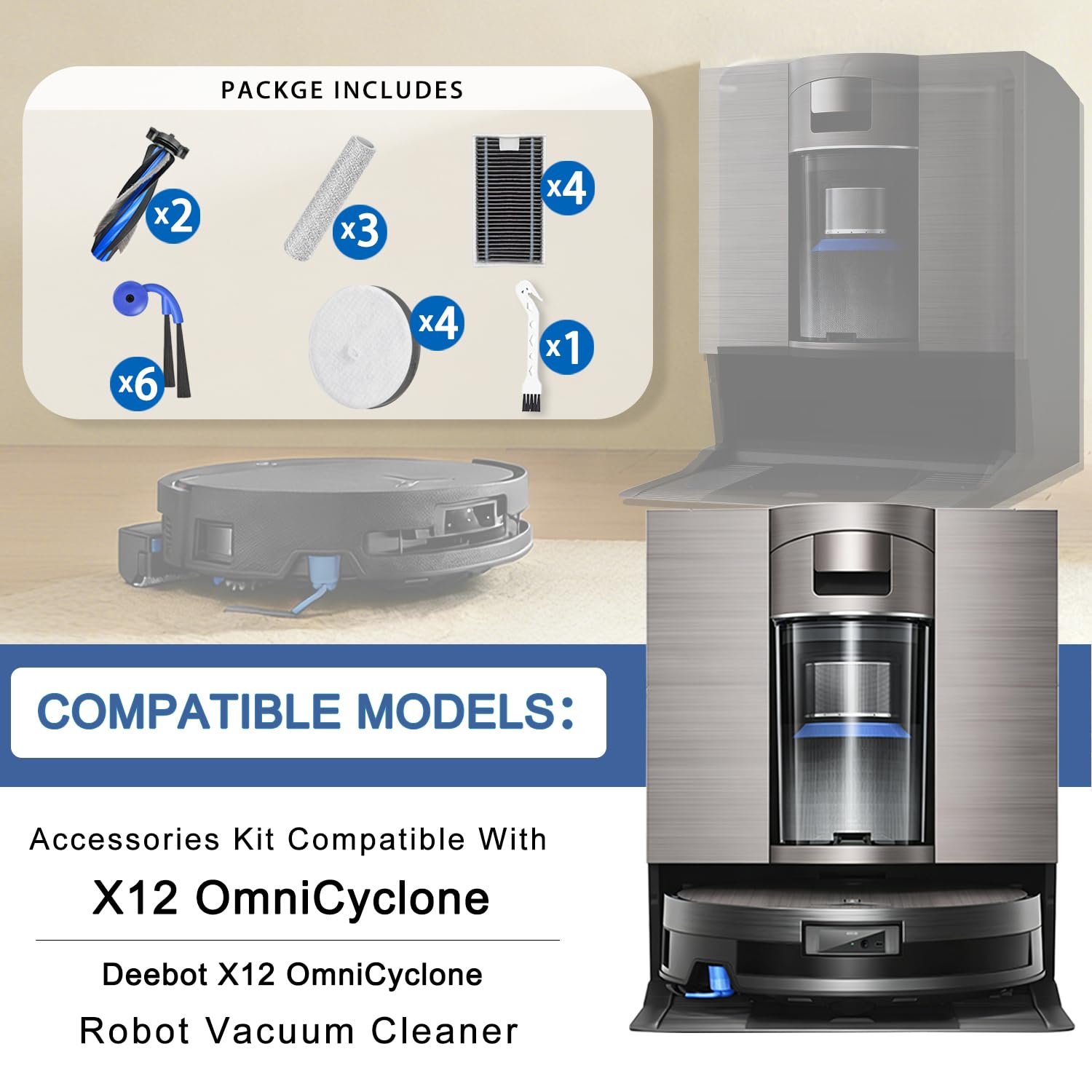 X12 OmniCyclone Kit di accessori di ricambio compatibile con Ecovacs Deebot X12 OmniCyclone Robot Aspirapolvere/2 Spazzole Principale/4 Filtro HEPA/3 Roller Mop/6 Spazzole Laterali/4 Filtro Spugna