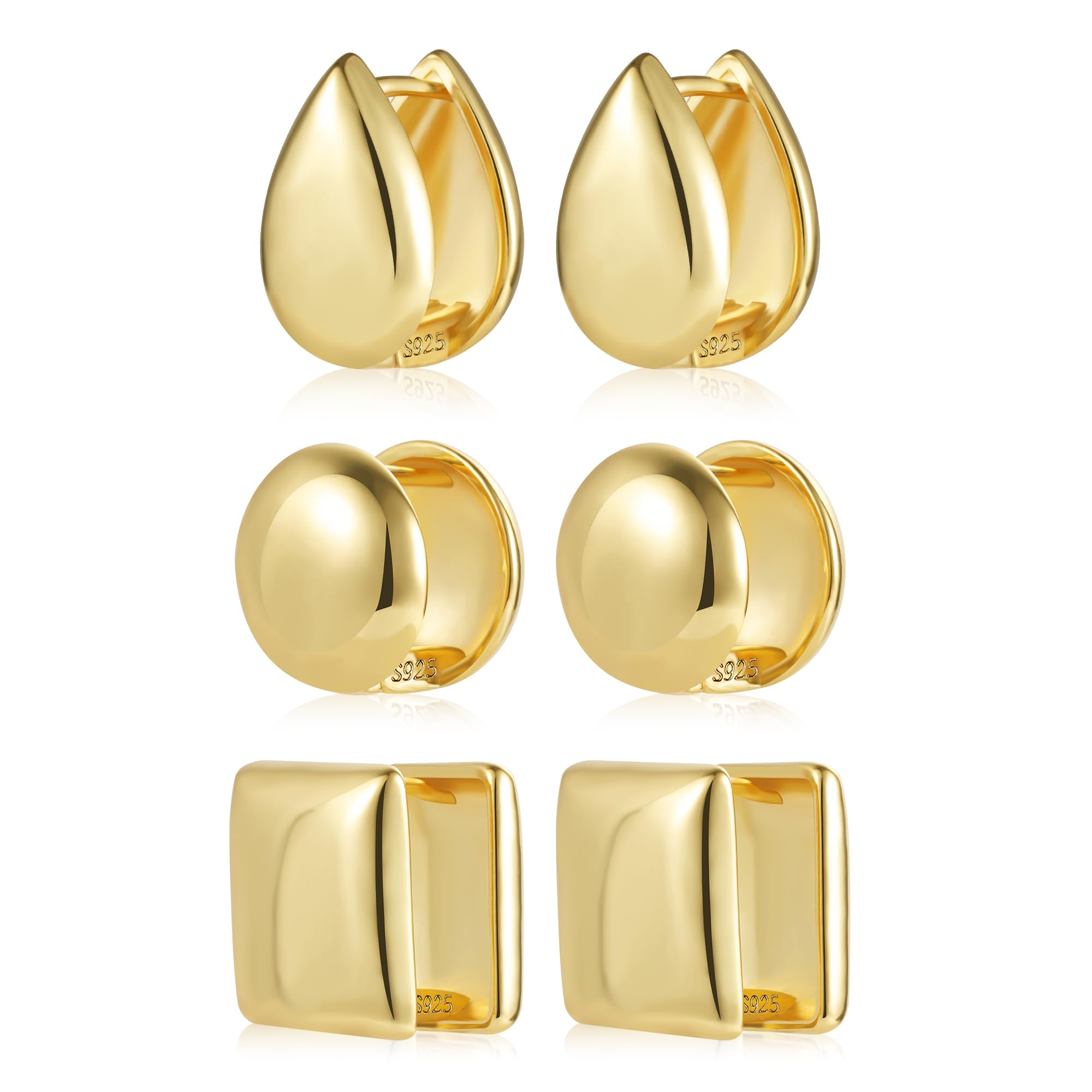KISSPATPendientes Pequeños de Plata 925 para Mujer, Pendientes de aro gruesos y gruesos para mujeres y niñas, chapados en oro de 14 quilates, pequeños y gruesos, juego de pendientes