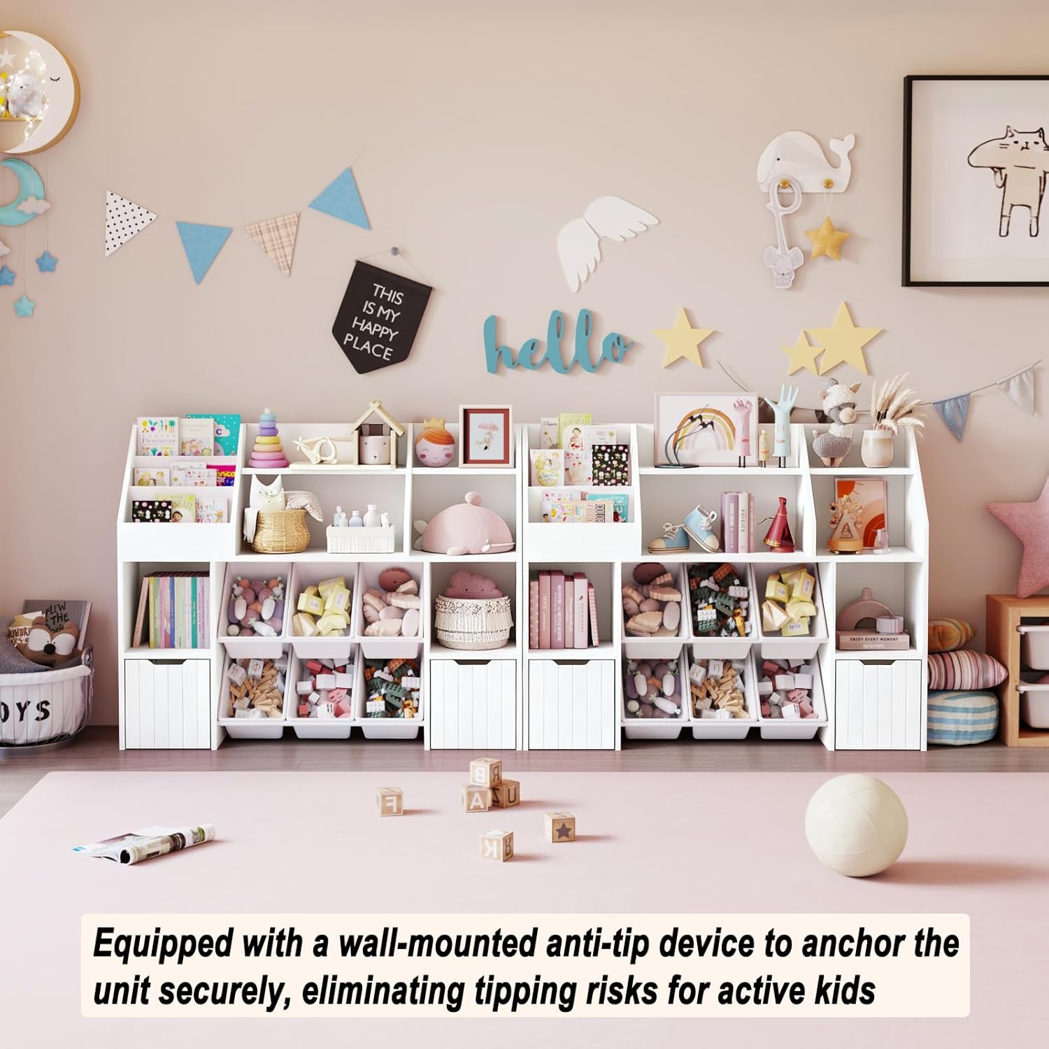 Kids Bookshelf and Toy Storage Organizer with 2 Movable Drawers, 6 Toy Bins & Open Display Shelves, 4-in-1 Kids Bookcase Storage Cabinet for Playroom, Nursery, Bedroom, Living Room, White