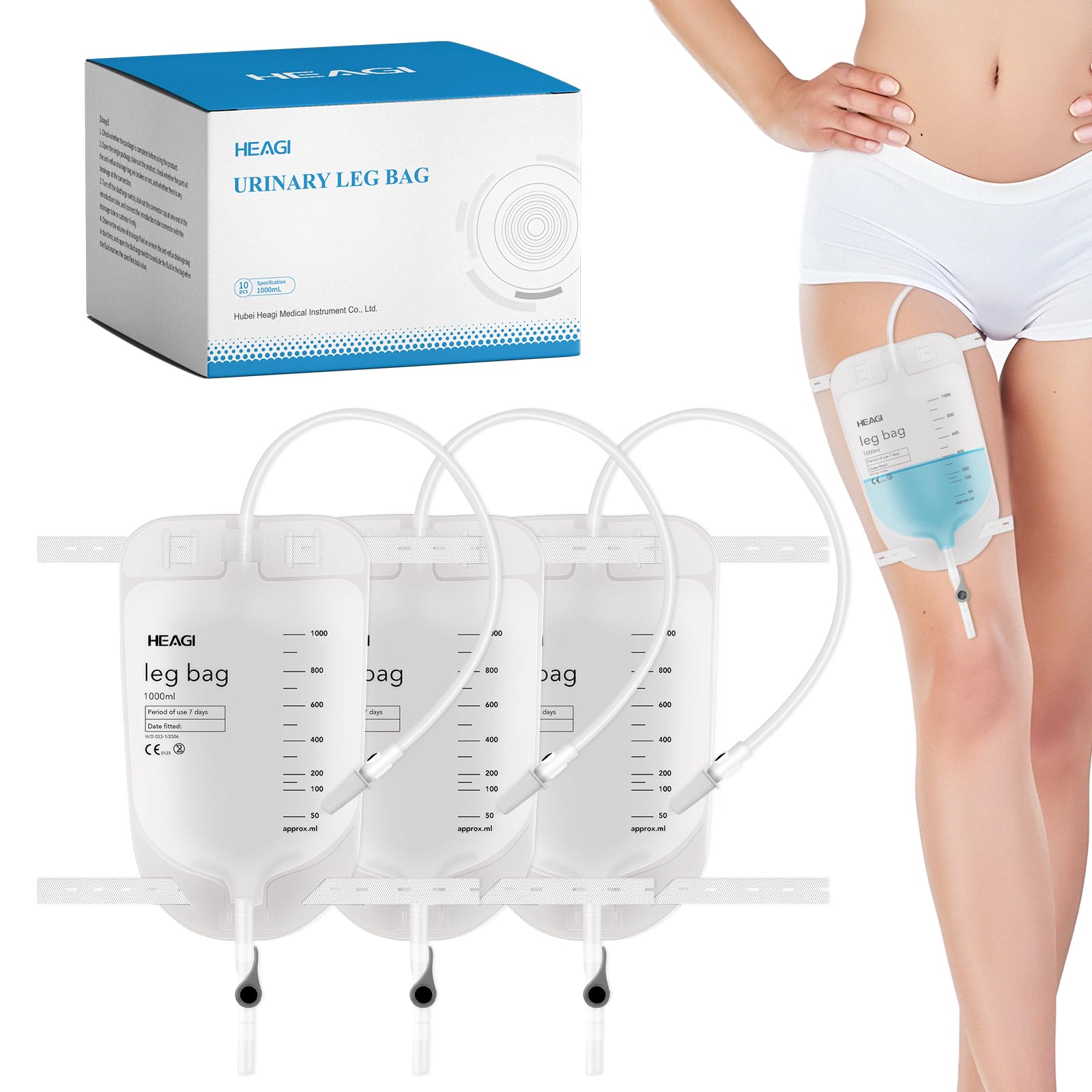10 Stück Urinbeutel, 1000 ml Urinbeutel Beinbeutel mit Rückflussverhinderer, 45 cm Schlauch und verstellbaren Stoffgurten, Easy Flip Drain, Katheterbeutel für Männer und Frauen