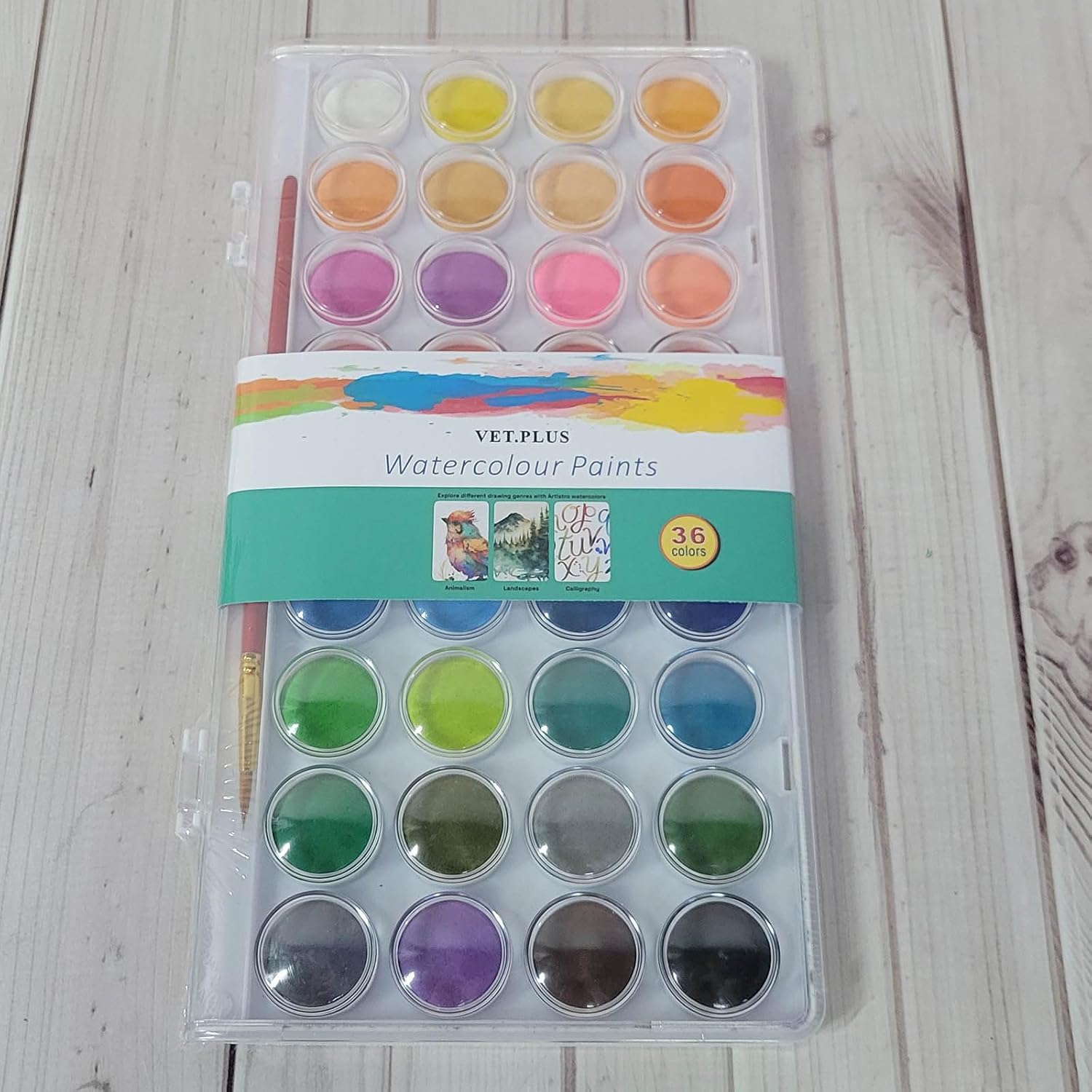 VET.PLUS 36 Colors Watercolour Paints, Watercolor Cake Set with Brush, Washable, Perfect Tool for Card Making, Illustrations, Painting, Calligraphy