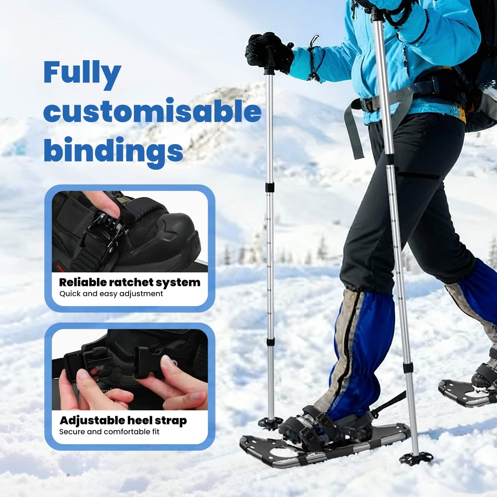 vidaXL Racchette da Neve 3 in 1 con bastoni da Trekking Argento e Nero, Ciaspole in Alluminio per Il Giardino, Attrezzatura Outdoor Regolabile, Accessori Moderni per Camminare sulla Neve