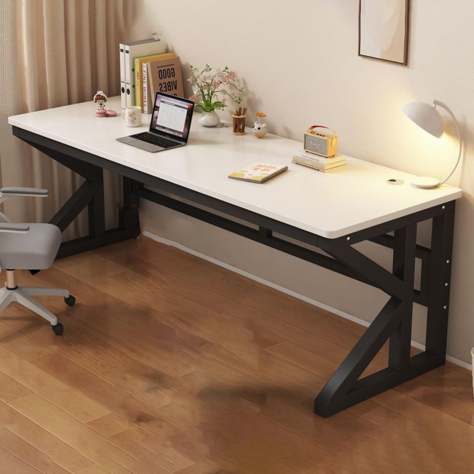 CGCSYZ Computer Desk Gaming Desk Stable Support Standing Desk Workstation for Study Metal Structure Office Furniture Ergonomic Home Office Desk (White + Black Shelf 100 * 60cm)
