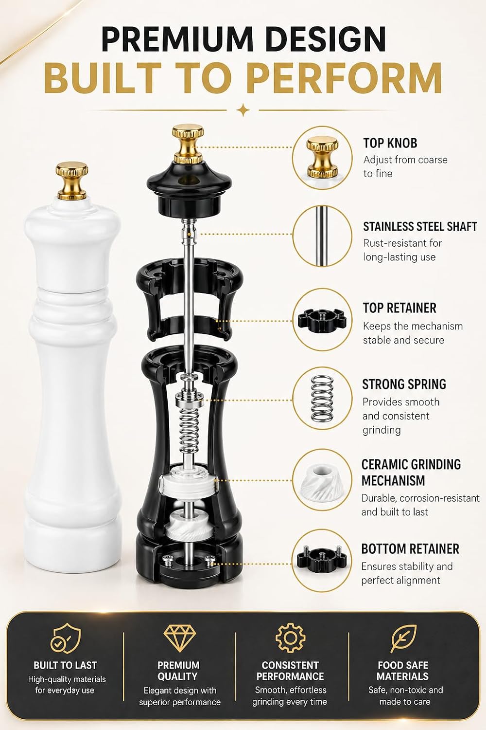 Wooden Black and White Manual Refillable Large Salt and Pepper Grinder Set, Shaker with Adjustable Ceramic Grinding Mechanism for Customized Coarseness, 8 Inches, Pack of 2