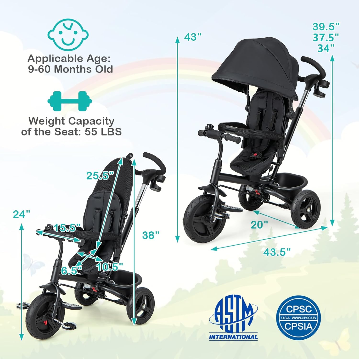 HONEY JOY Tricycle, 6 in 1 Kids Trike Stroller w/Adjustable Push Handle & Canopy, Reversible Seat, Safety Belt, Folding Pedal, Cup Holder, Storage, Push Tricycle for Toddlers 9 Months-5 Years (Black)