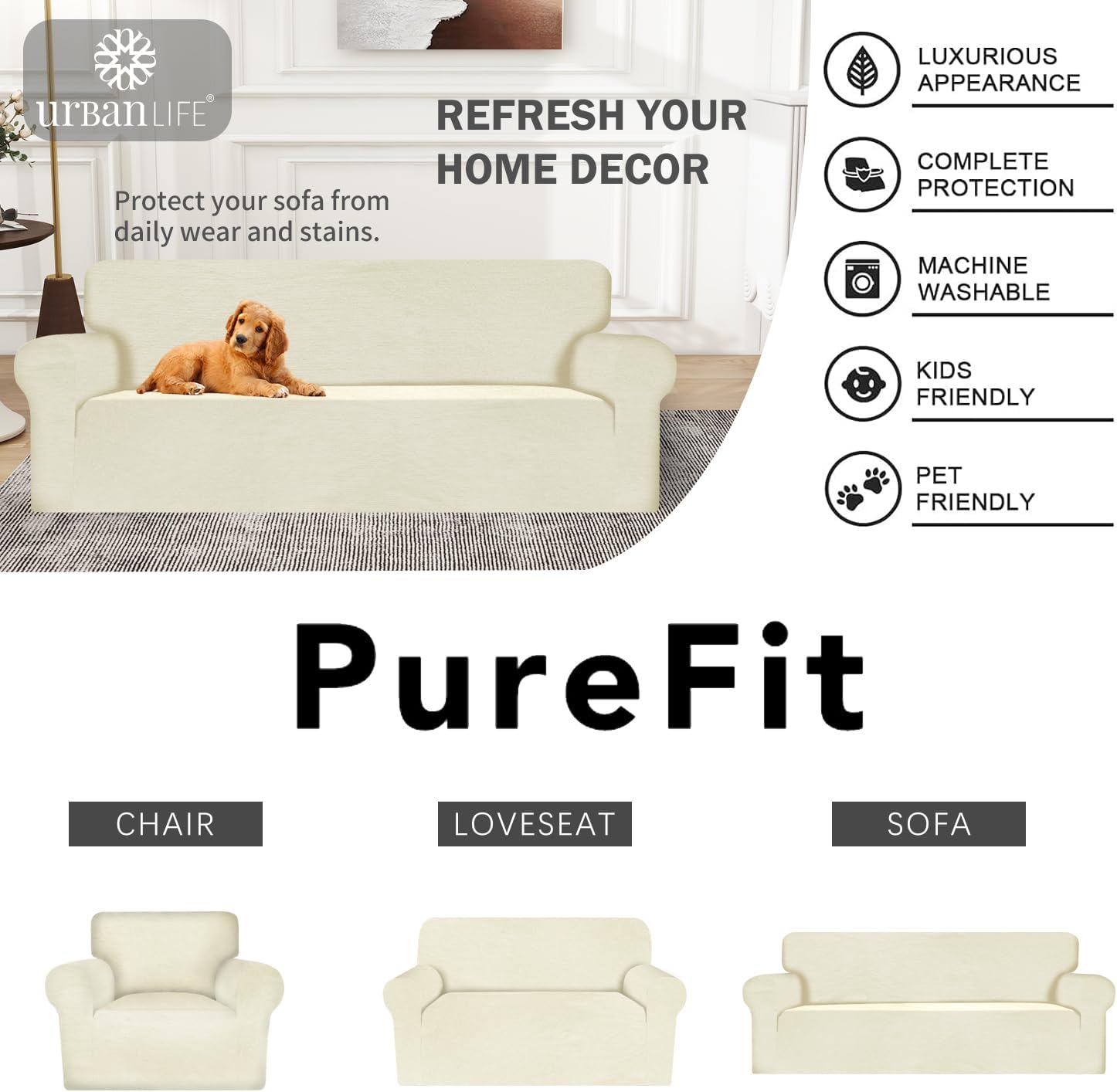 URBANLIFE Stretch Sofa Slipcover -1-Piece Sofa Cover, Sofa Protector Couch with Soft & Breathable, Couch Covers for 3 Cushion Couch Sofa Pet Friendly, Knit Fabric - Machine Washable (Sofa, Cream)