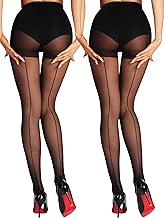 HONENNA Backseam Sheer Tights for Women 2 Pairs High Waist Patterned Cuban Heel Pantyhose With Control Top - Buy now