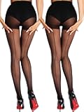 Backseam Sheer Tights for Women 2 Pairs High Waist Patterned Cuban Heel Pantyhose With Control Top