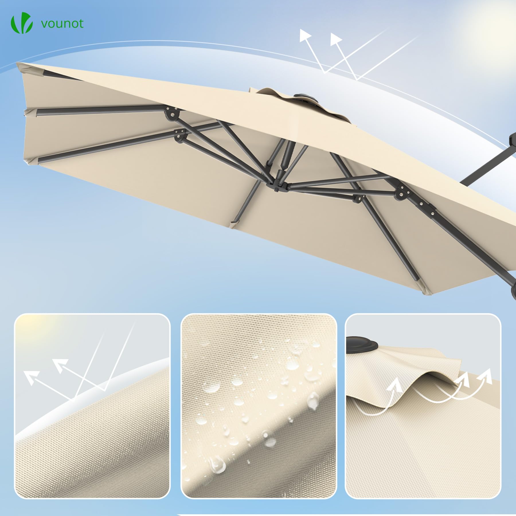 vounot® Parasol Déporté Carré 3x3M avec 8 Baleines Parasol de Jardin Extérieur Rotation 360° Inclinable 6 Positions Toile Polyester Anti UV et Imperméable avec Housse Beige Foncé