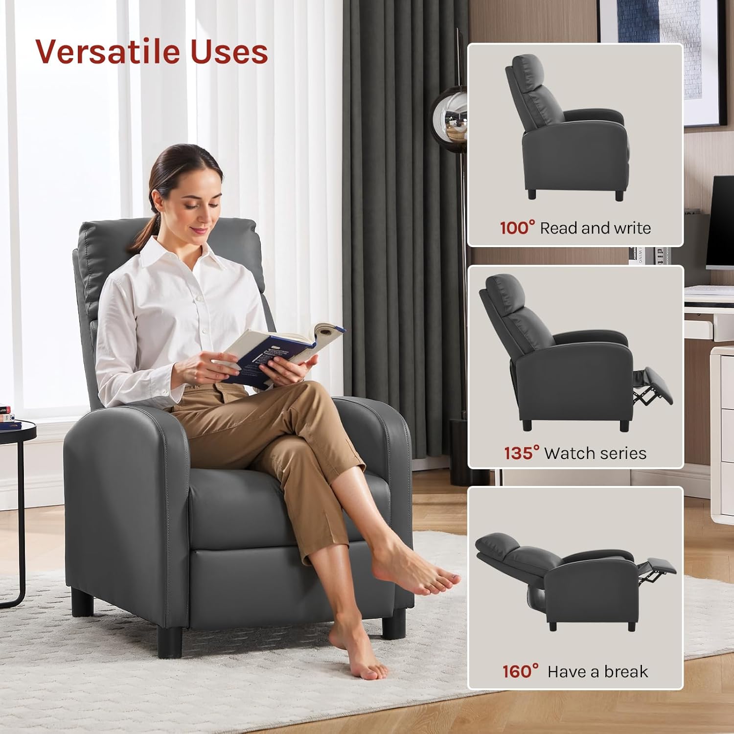 An image illustrating the three main reclining positions: upright for reading/writing (100°), partially reclined for watching series (135°), and fully reclined for resting (160°).