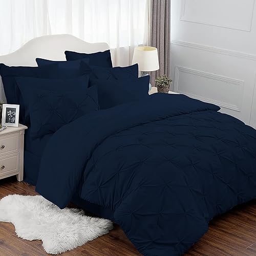 Miniatura 2 de High Kotton - Juego de edredón plisado de 8 piezas en una bolsa, ropa de cama plisada para cama Queen (azul marino) de color, edredones, sábanas,