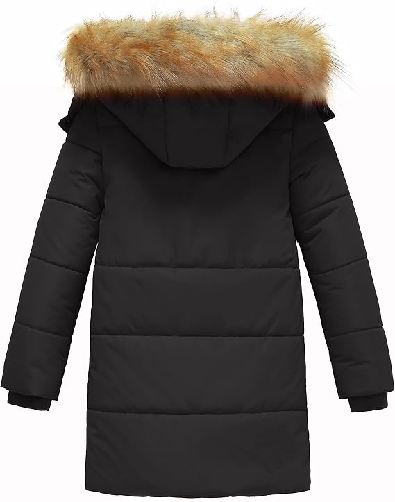 wantdo Boy Winter Ski Jacket Waterproof and Girl Fleeced Long Puffer Jacket Removable Hood Black Size 6-7