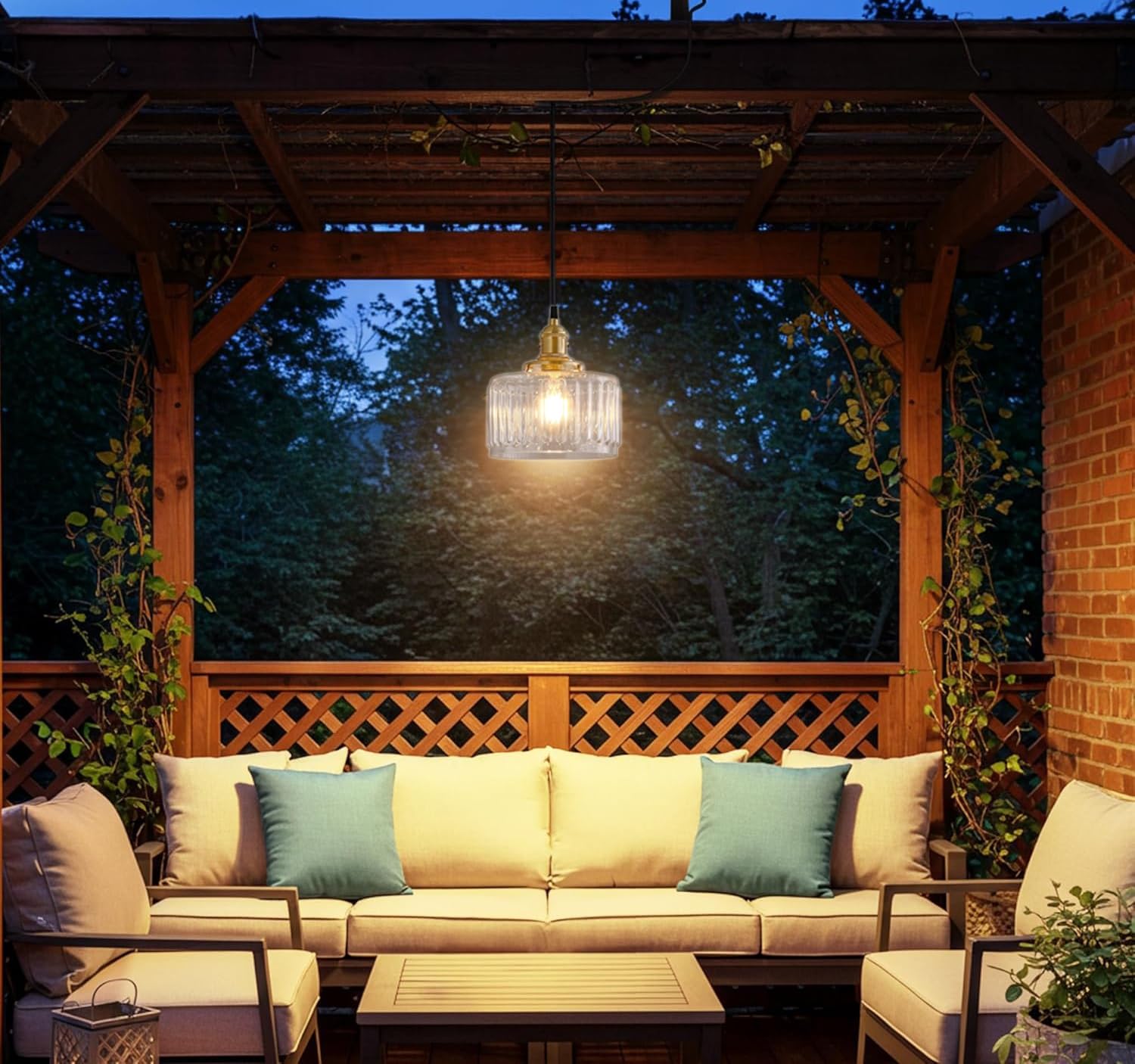 Lustre Extérieur à Piles Rechargeable - 13 Lumières RVB Avec Télécommande - Verre Vert Vintage - Pour Pergola, Terrasse, Intérieur