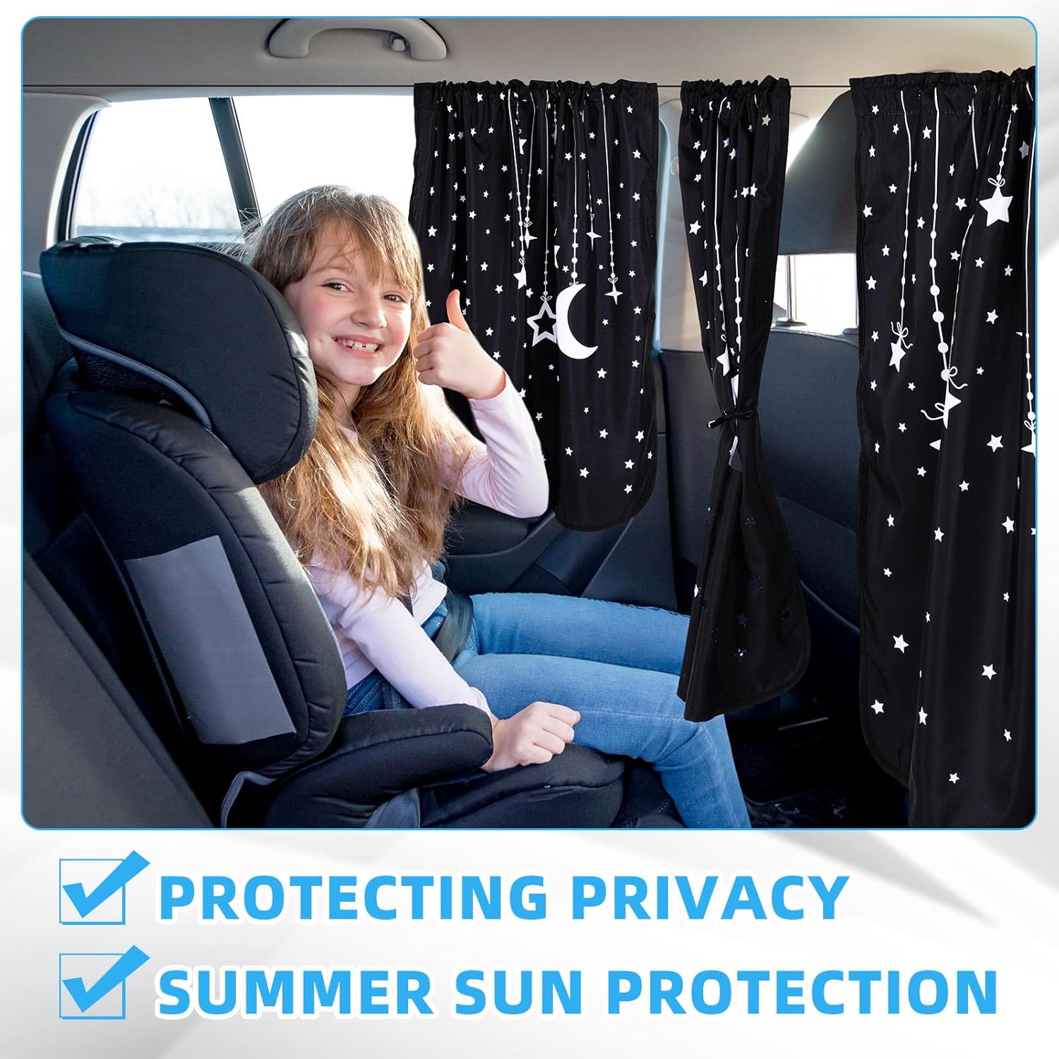 BBTO Privacy Curtains Set - 3 Car Dividers for Windows, Sedan, SUV, Travel & Camping - Detachable, Moon & Star Design