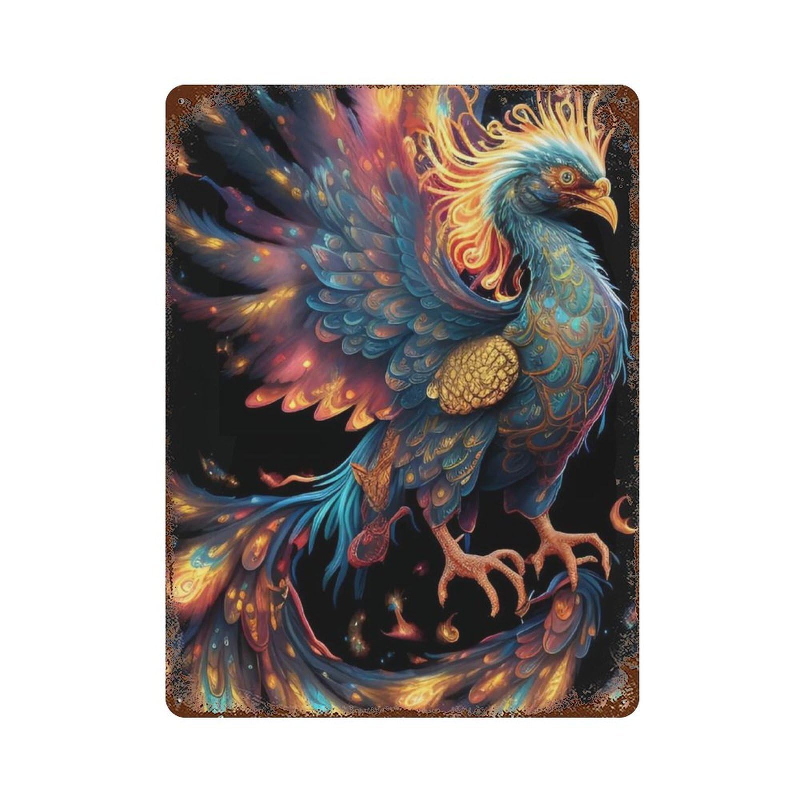 Rust Effect Fantasy Phoenix Artwork Weathered Tin Sign 15.7"x11.8", Retro Wall Decor for Garage, Bar And Workshop Decor