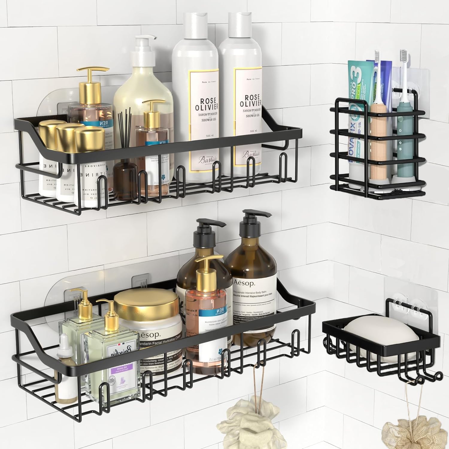 Shower Caddy,4 Pack Bathroom Storage Shower Shelf No Drilling,Shower Shelves with Soap Razor Holder,Bathroom Accessory Shower Rack with Hooks,Bathroom Shelves for Kitchen and Bathroom Organizer,Black