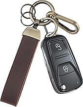 Teskyer Genuine Leather Car Keychain - Heavy Duty Key Chain with Anti-Lost D-Ring and Carabiner Clip for Home & Car Keys