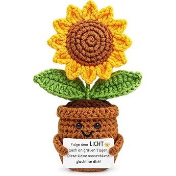 Aurasky Crocheted Sunflower in Pot with Saying - Mini Pocket Hug & Positive Courage Gift to Cheer Up - Cuddly Crochet as Emotional Support for Birthday or Recovery