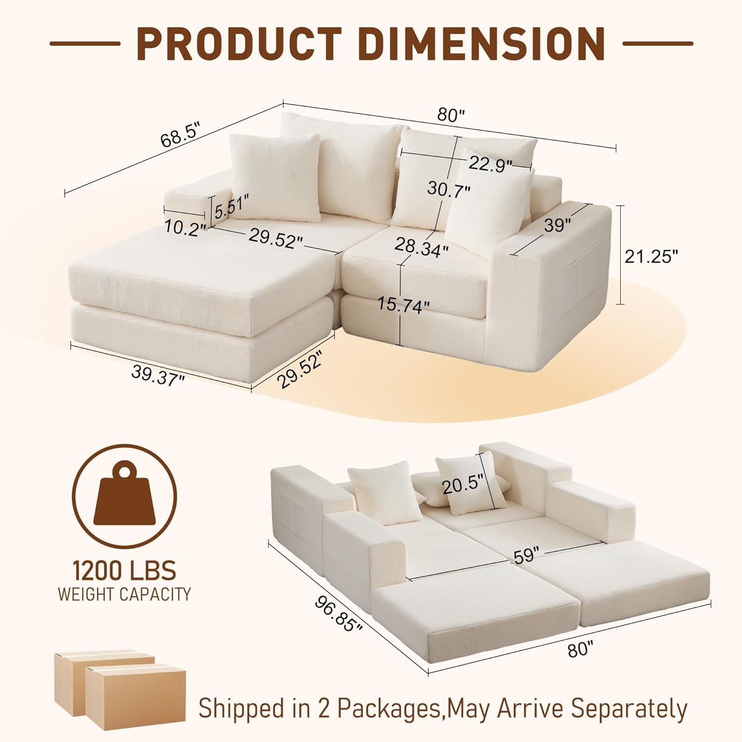 Korser Modular Sectional Couch with L-Shape Chaise, Modern Boneless Loveseat Cloud Couch for Living Room, Sofa Bed with Deep Seat, No Assembly, Sleeper Sofa for Living Room, Apartment and Bedroom
