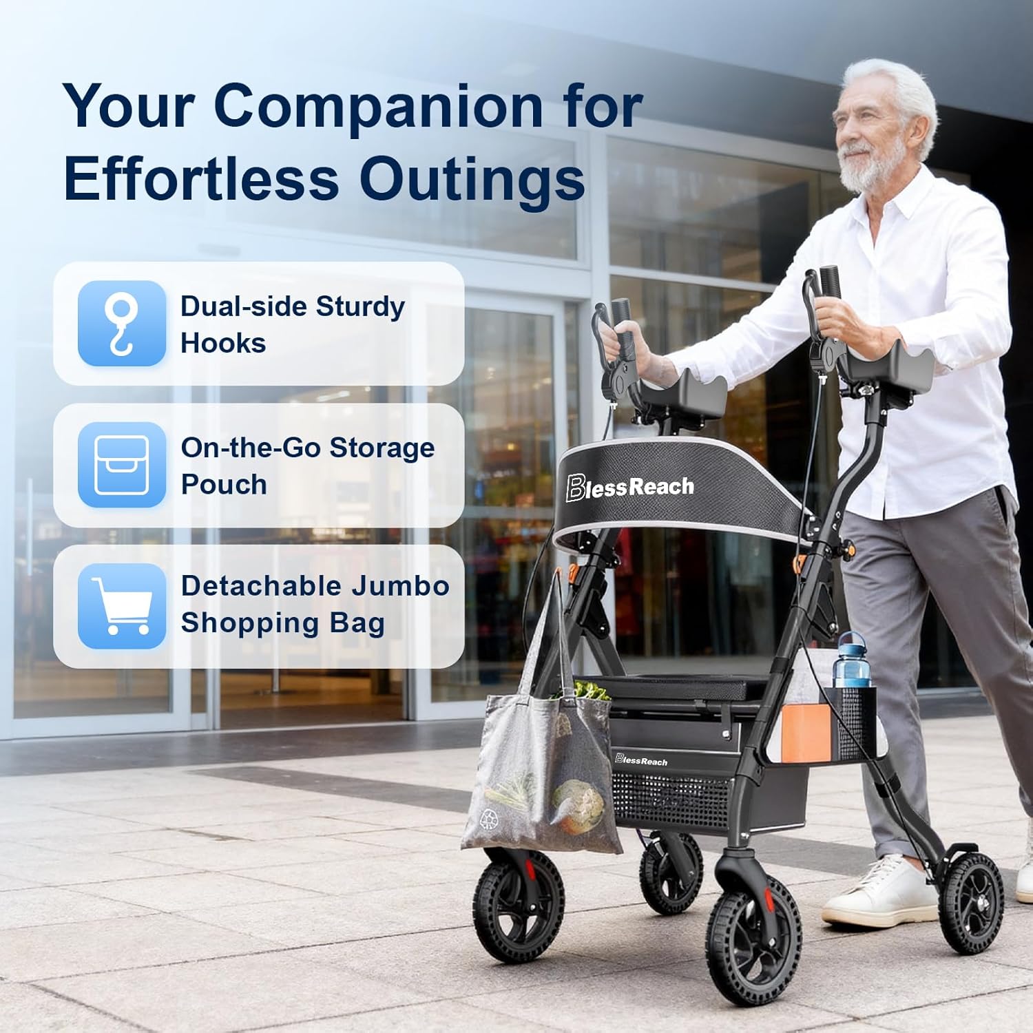 Heavy Duty Upright Rollator Walker for Seniors with Seat, 450lb Capacity, 8" All-Terrain Wheels, 6 Height Adjustments, Padded Seat & Backrest, Easy Assembly, Foldable Design, Black