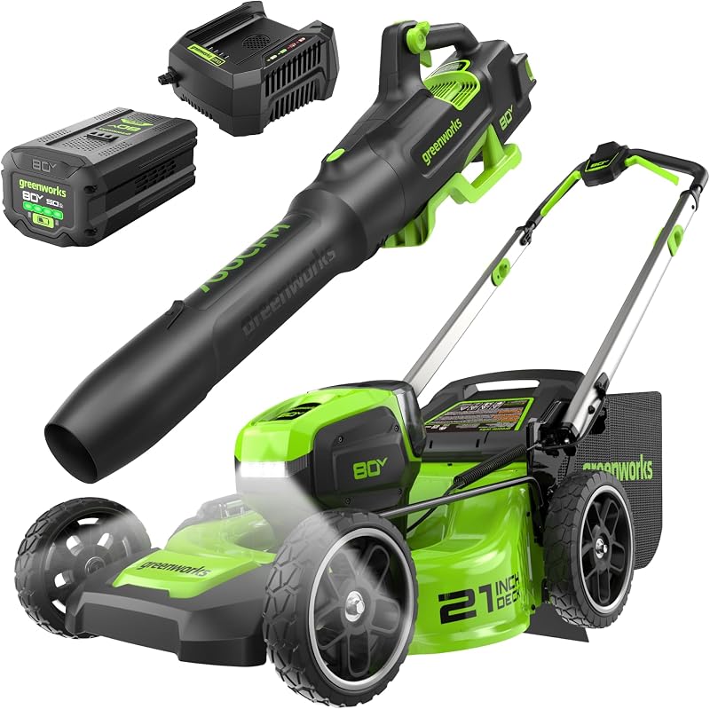 Greenworks Kit de cortadora de césped/soplador de 80 V, 21 pulgadas, batería de 5,0 Ah y cargador