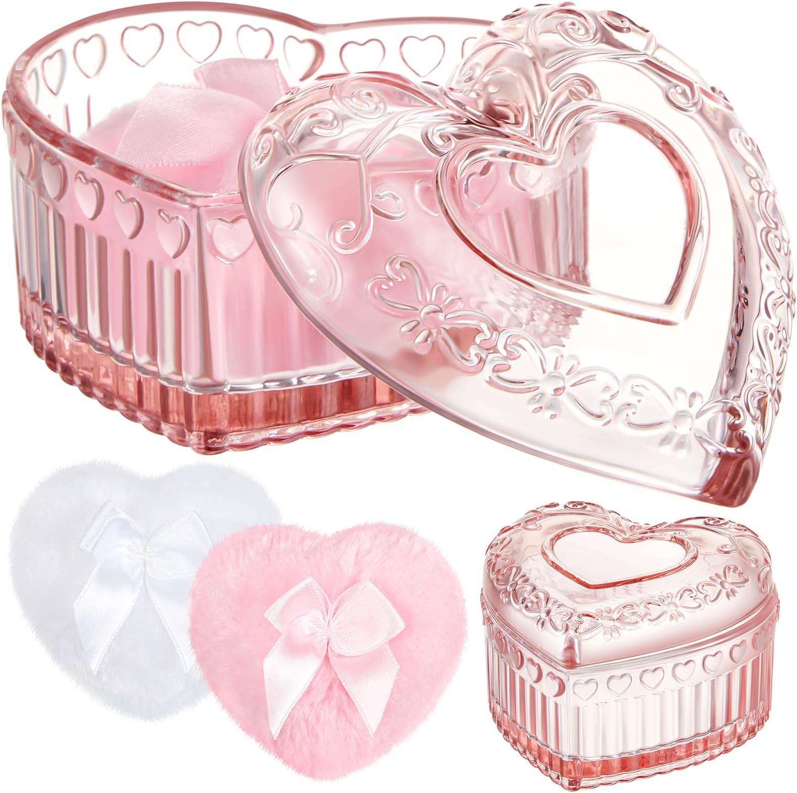 Tioncy 3 Pcs Large Body Powder Puff and Container Mother's Day Gift Powder Container with Puff Crystal Case Soft Washable Reusable Velour Face Body Glitter Wet Dry Makeup(Pink, Heart)