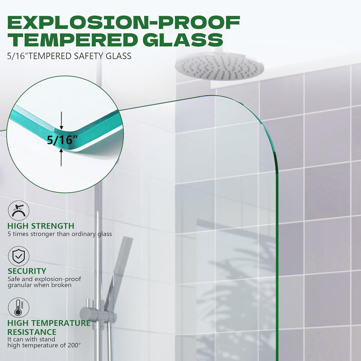 Shower Glass Panel 34" W ×74" H Fixed Frameless Shower Door in Silver 5/16"(8mm) Thick Clear Tempered Glass Panel with Clamps Bathroom Screen for Walk in Shower