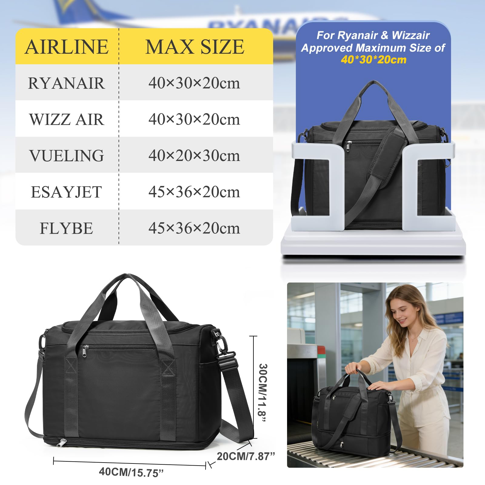 Borsone da Viaggio Donna Bagaglio a Mano 40x30x20 Ryanair Wizzair Borsa da Viaggio Donna Uomo Borsone Palestra con Scomparto per le Scarpe Travel Bag Borsa Sportiva Weekend,B02-Nero