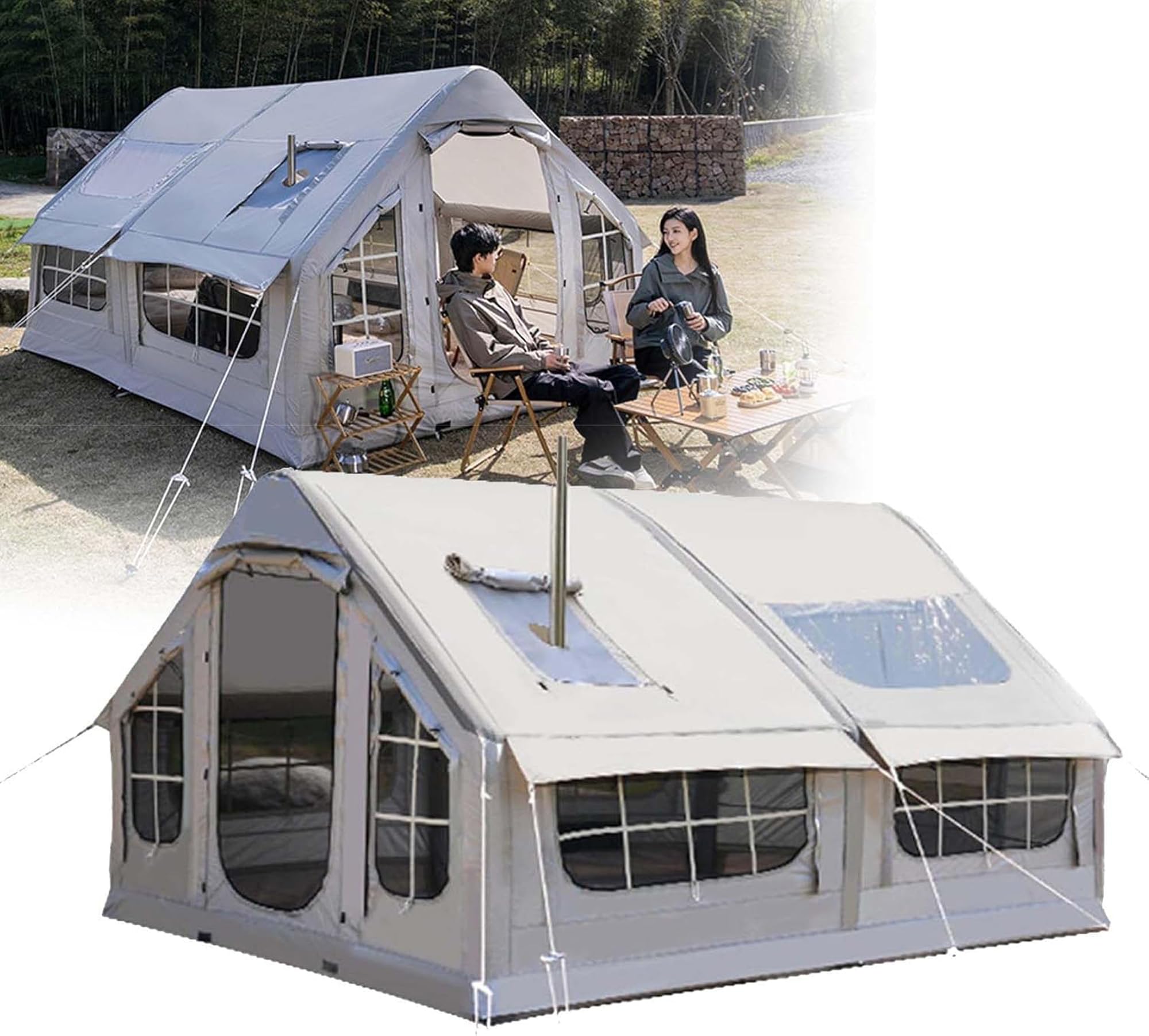 RQLSSSLMXJ Inflatable Camping Tent with Stove Jack, Waterproof Season Design for People, Includes Air Pump and Skylight with Mesh Windows