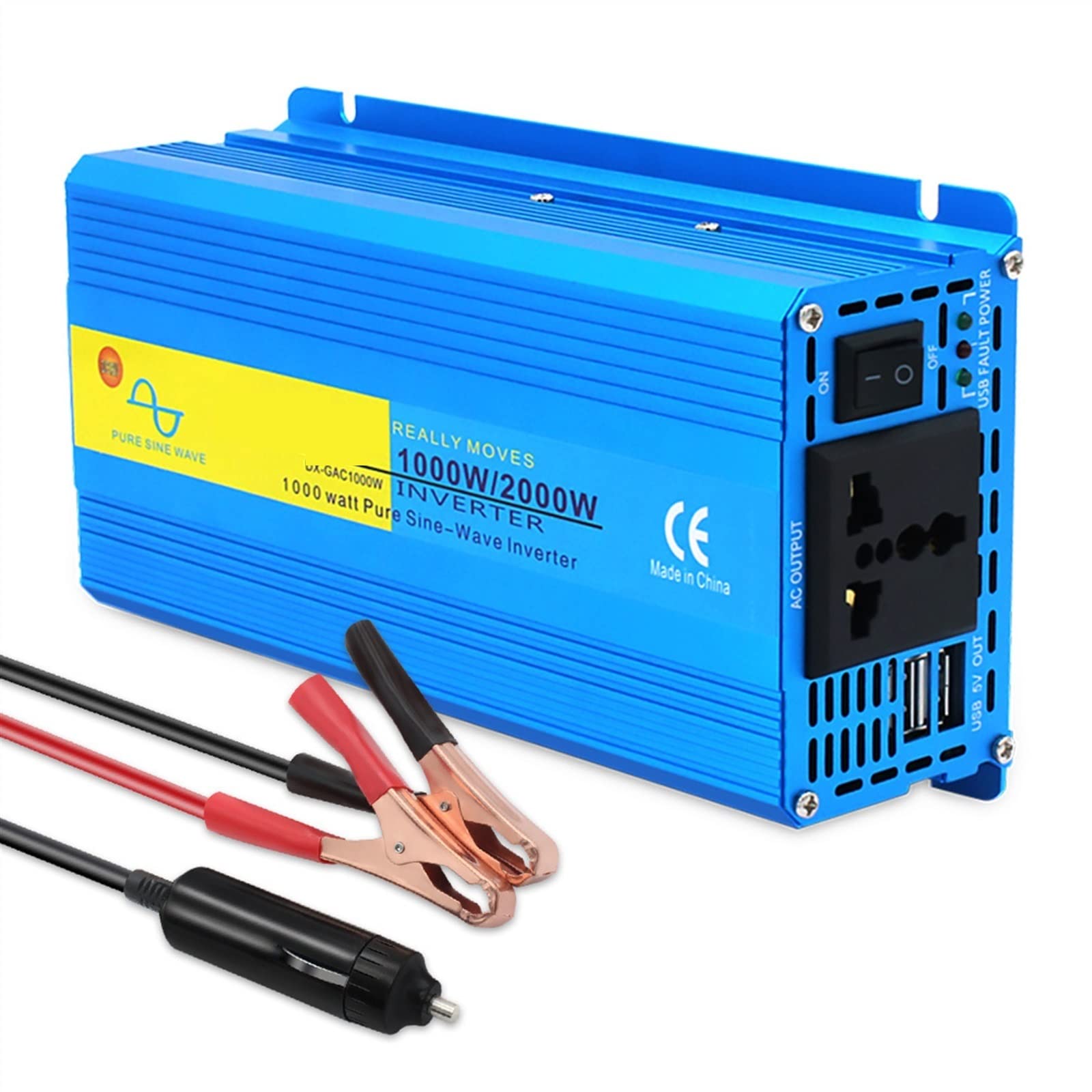 Falownik, Czysta fala sinusoidalna Przetwornica samochodowa 2000 W Moc szczytowa 2 USB DC 12 V do AC 220 230 Konwerter Zasilanie energią słoneczną