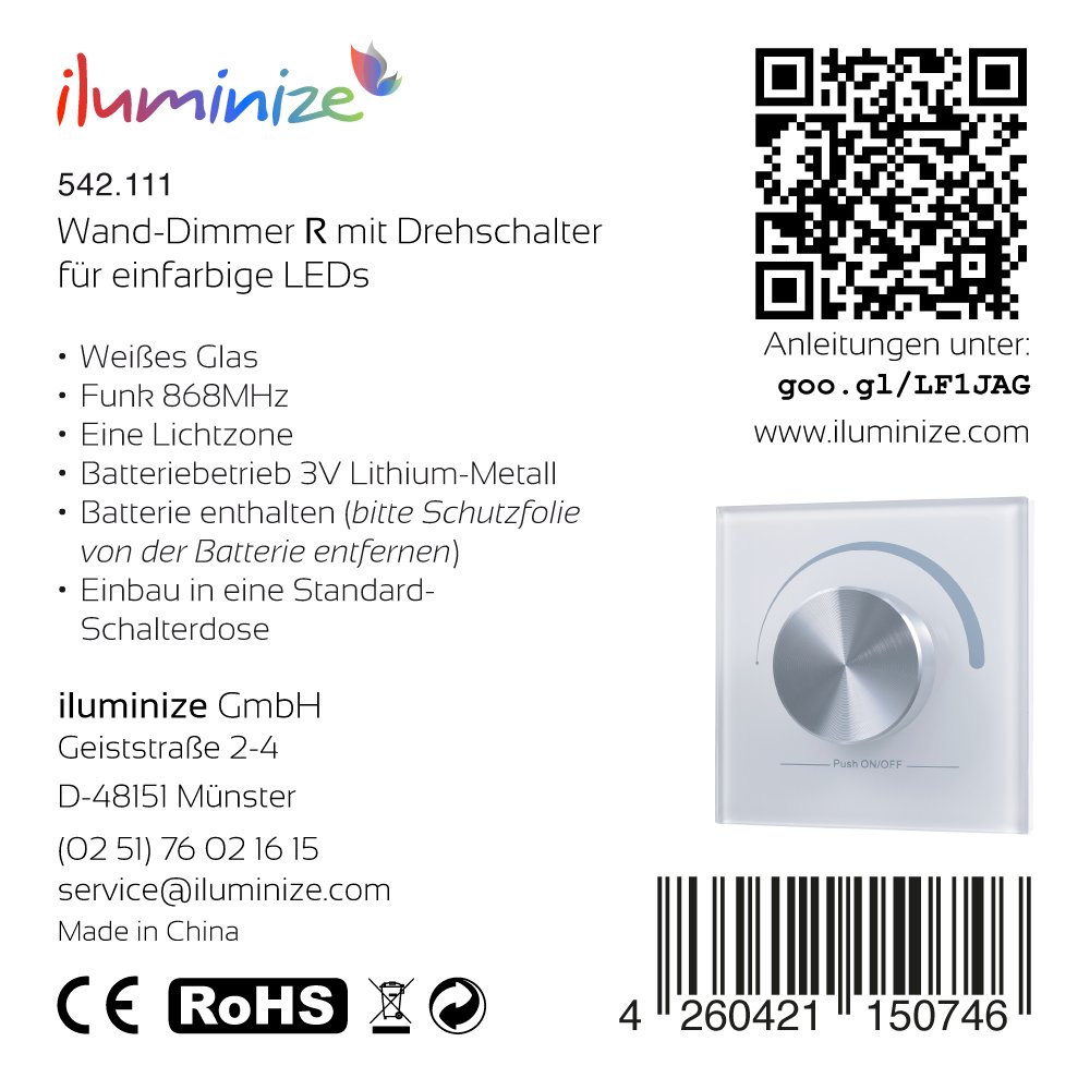 Regulador de pared inalámbrico: con botón giratorio, para LED blancos, 1 zona, funciona con pilas de 3 V, no es necesario un dispositivo universal: se requiere controlador inalámbrico (para ledes blancos).