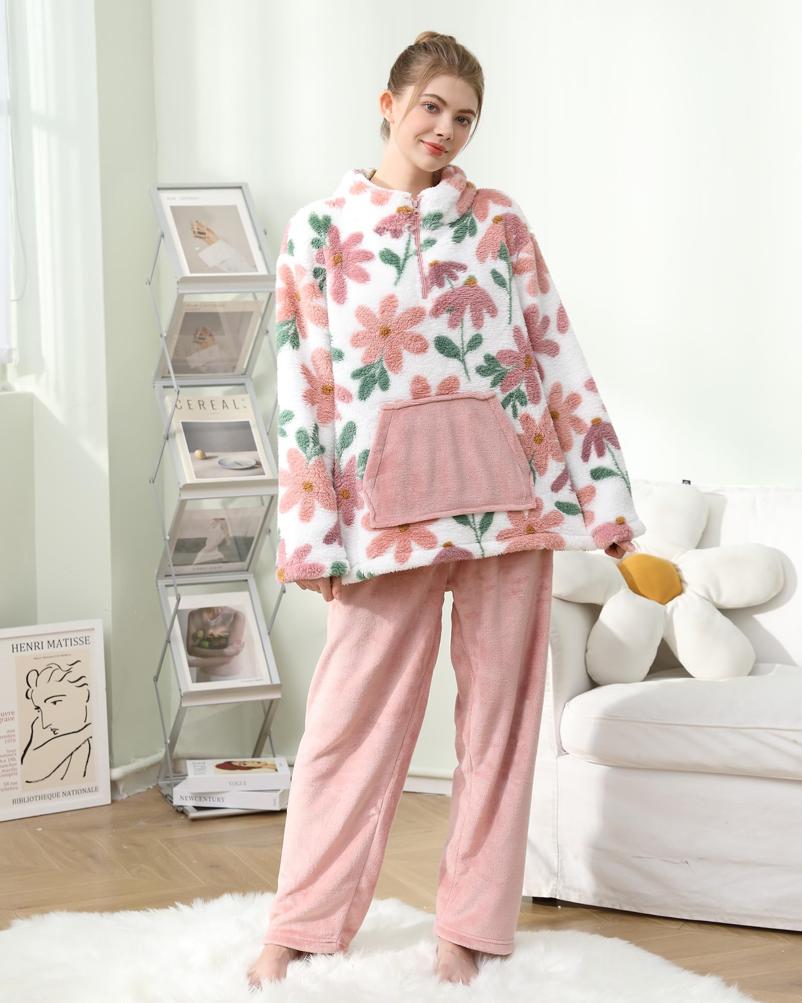 Pyjama 2 pièces en polaire pelucheuse pour femme - Ensemble de vêtements de nuit chauds - Pull haut et pantalon - Vêtements de nuit pour adolescentes et femmes, rose, L