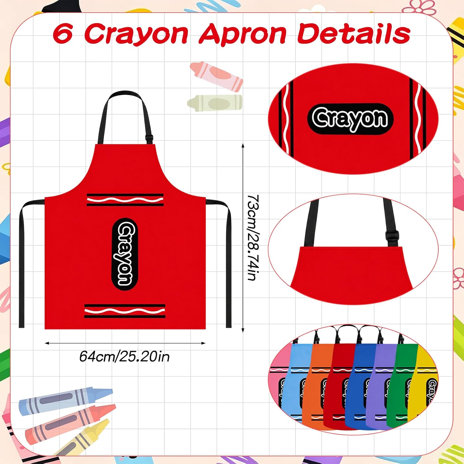 24Pcs Crayon Costume Set for Groups - 8 Colors Crayon Aprons, Hats & Star Glasses - Fun Outfits for Teachers, School Spirit Week and Family Halloween