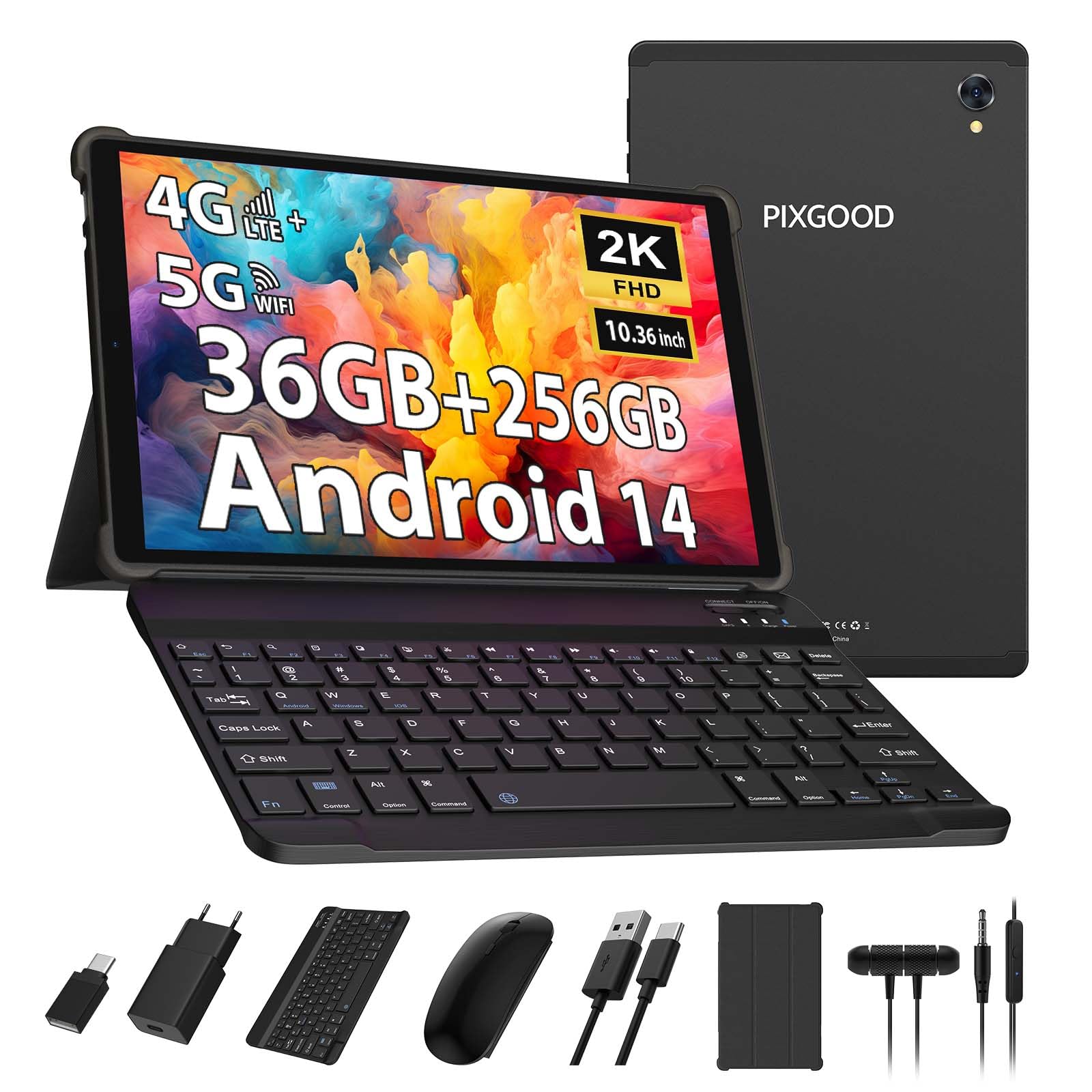 PIXGOOD 2K Tablet 10,4 Pollici, 4G LTE+5G WiFi, 36GB RAM+256GB ROM (2TB TF), Android 14 Tablet PC, Octa-Core, INCELL 2000 * 1200, 8000mAh, 13MP+8MP, GPS, Tablet in offerta con tastiera ect (Nero)