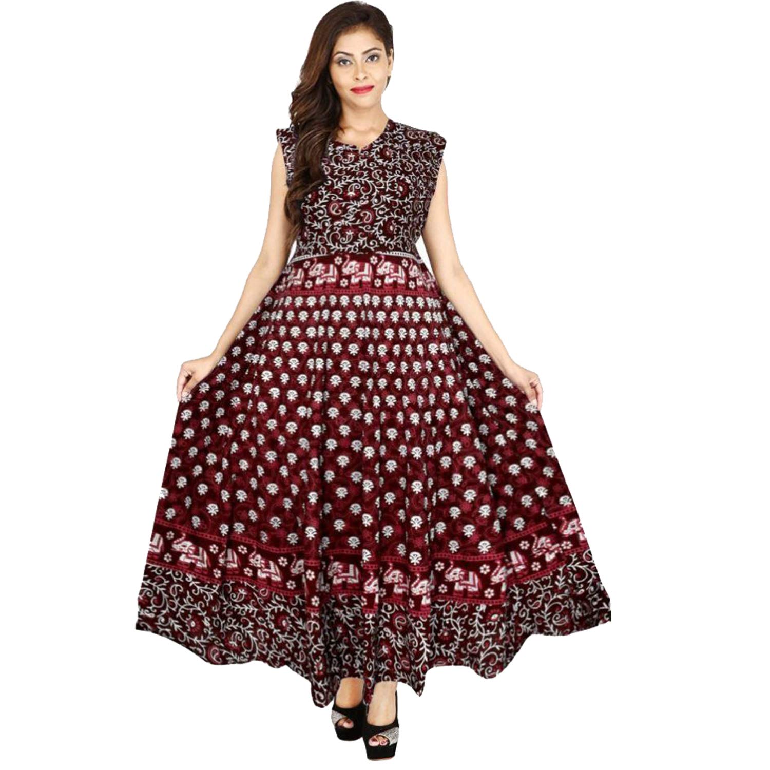 Siya Enterprises Women's 100% Cotton Jaipuri Print Long Midi Maxi Dress Multicolour-picture-29