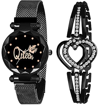 Swadesi Stuff Multicolor Metal Strap Magnet Watch & Heart Shape Diamond Bracelet Combo for Women & Girls
