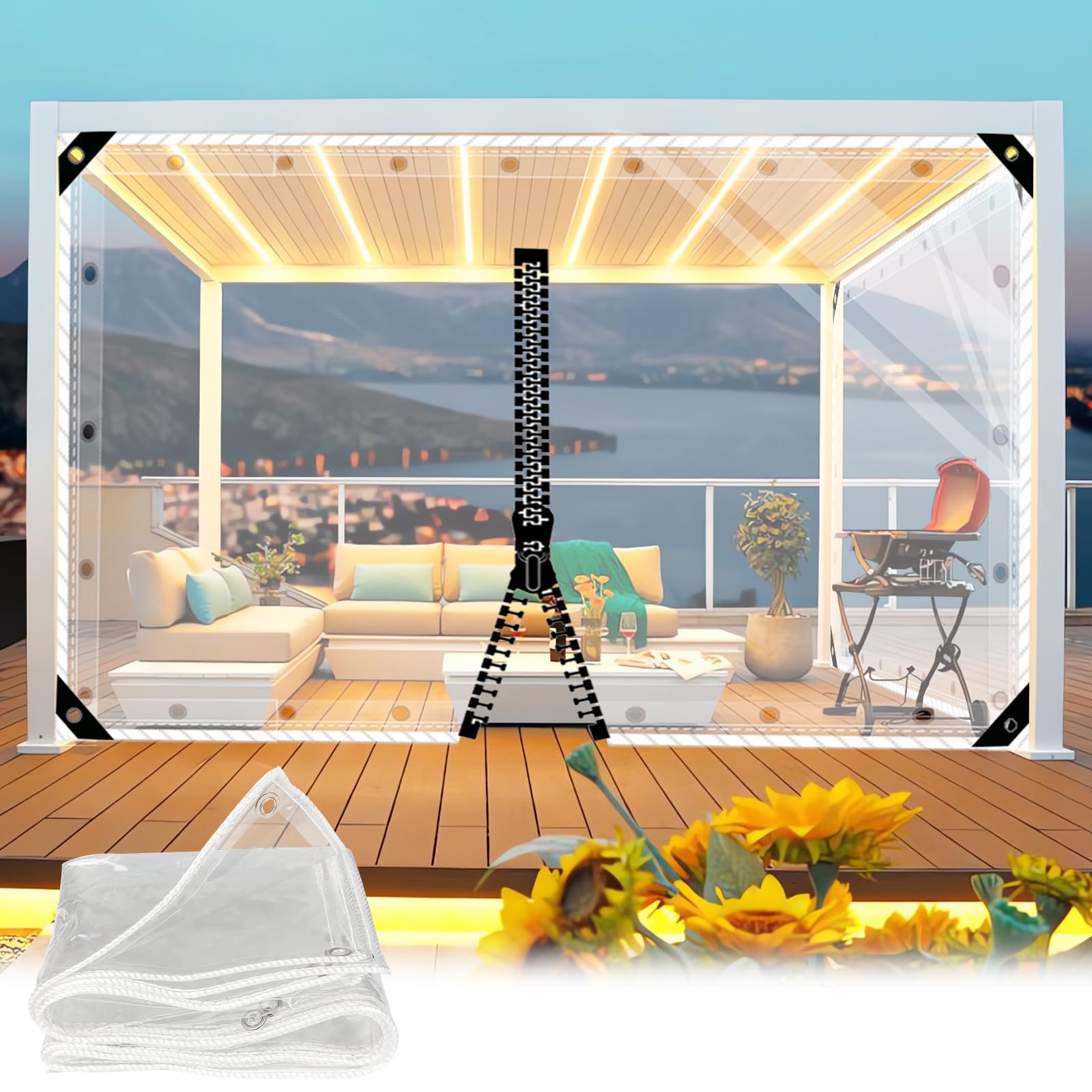 HQQMNY Transparent Tarpaulin Gazebo Curtains Heat Protection for Doors with Zip - PVC 0.3 mm Crystal Clear Thermal Door Curtain with Eyelets