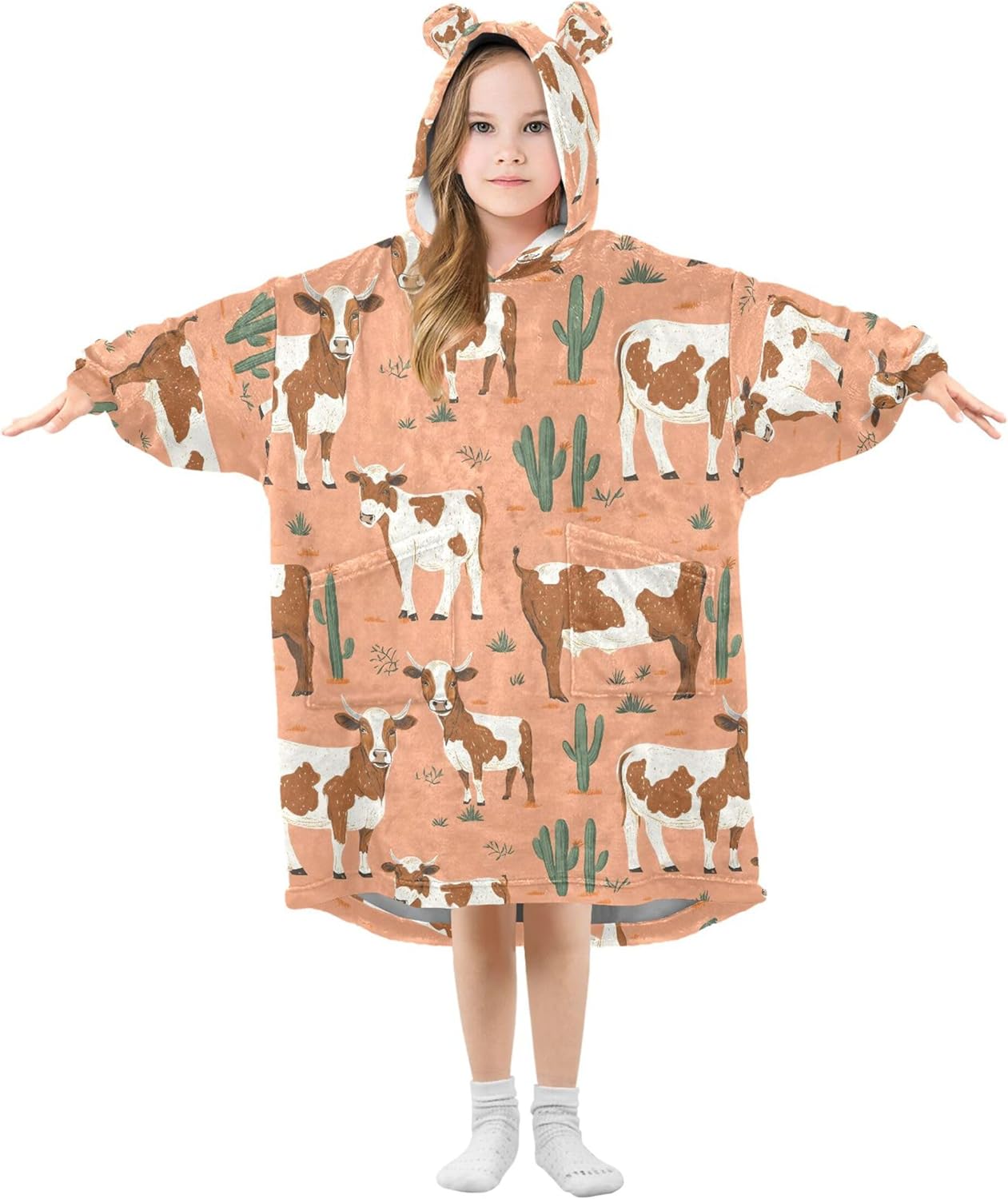 Cow Cactus Animal Kids Wearable Blanket Hoodie with Pocket and Sleeves for Toddlers, Cute Hoodies Girls Boys B0403793
