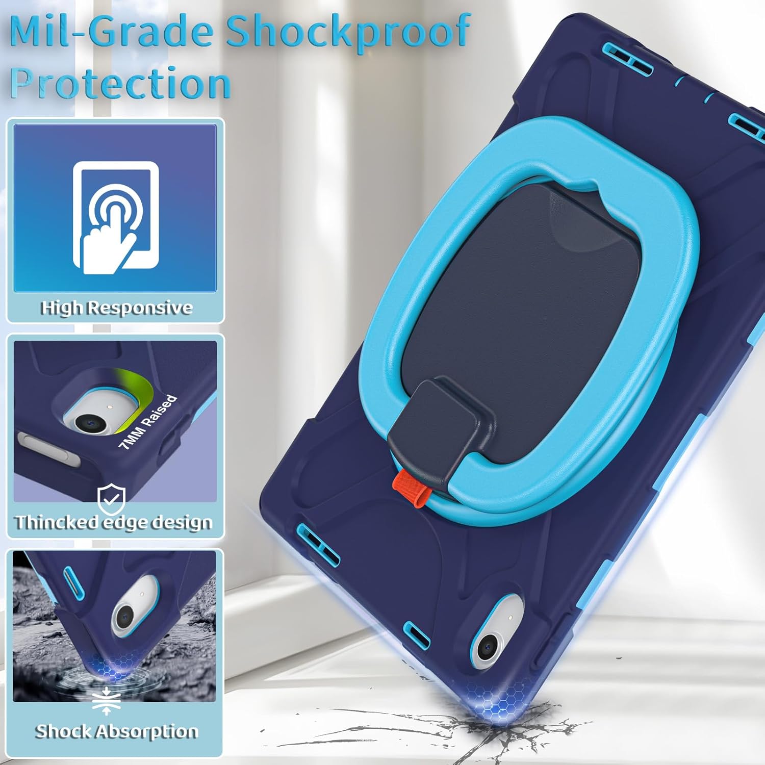 for iPad (A16) 11th/10th Generation Case 2025/2022 (11″/10.9″),Heavy Sturdy Shockproof Kids Case with Screen Protector,Rotating Stand/Pencil Holder/Shoulder Strap (Navy Blue+Blue) - Image 4